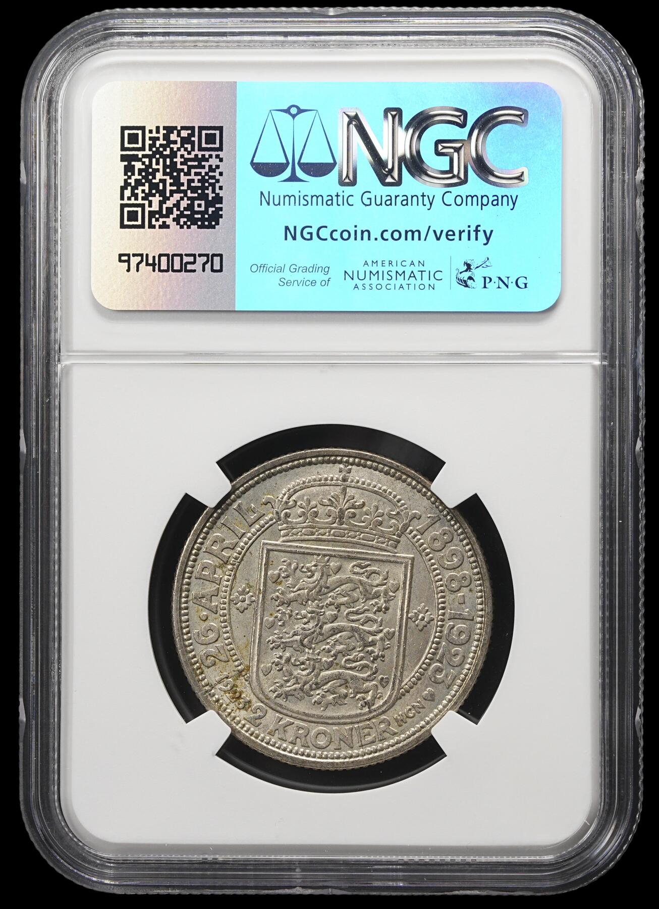 修遠堂世界钱币第三十九期 全场包邮 NGC MS64 1923年丹麦国王银婚纪念2克朗银币