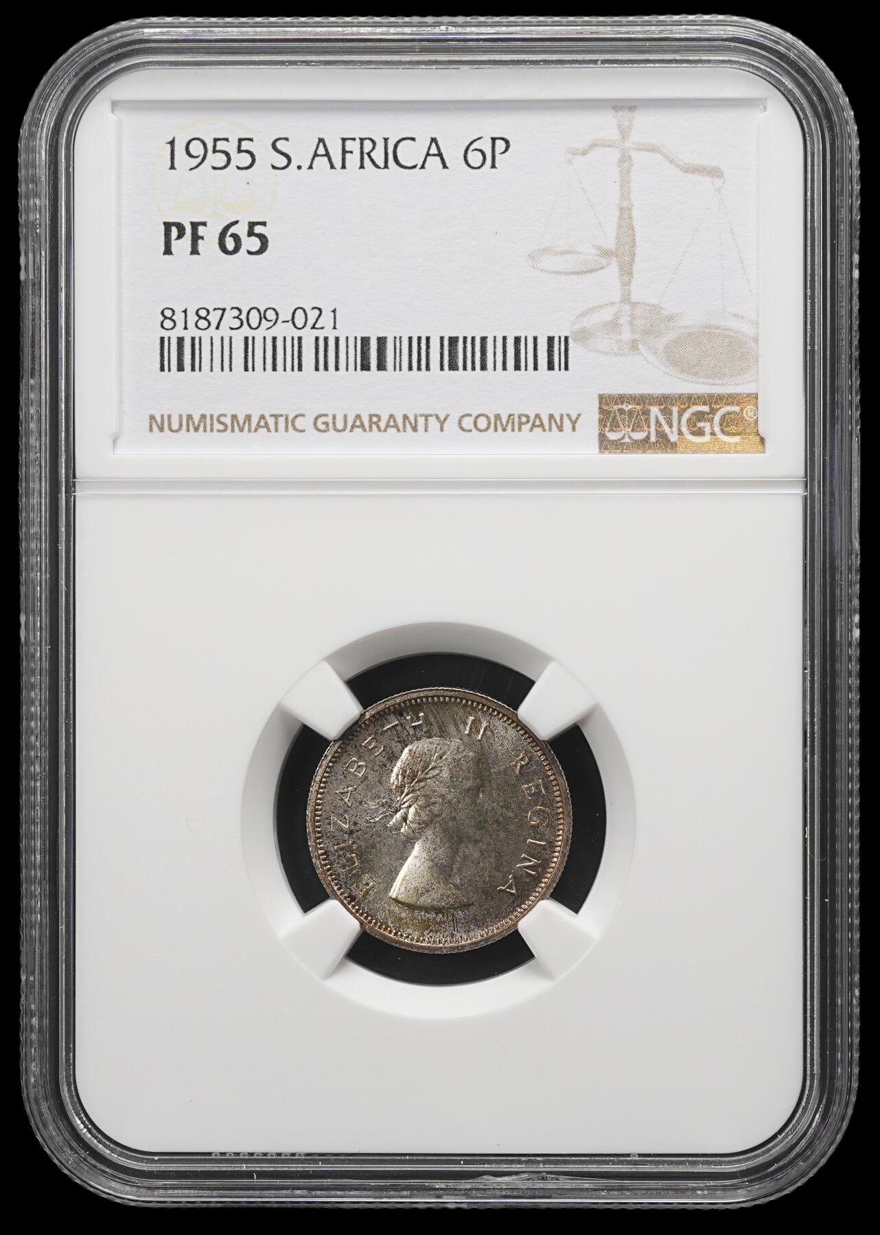 修遠堂世界钱币第三十九期 全场包邮 NGC PF65 1955年南非6便士精制银币 仅铸造2850枚