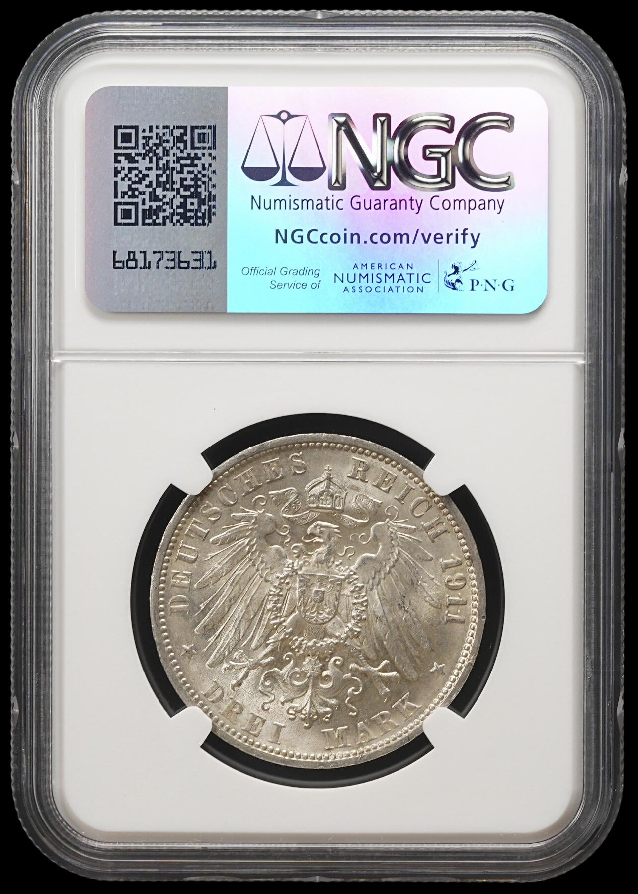 修遠堂世界钱币第三十九期 全场包邮 NGC MS65 1911年符腾堡国王银婚纪念3马克银币