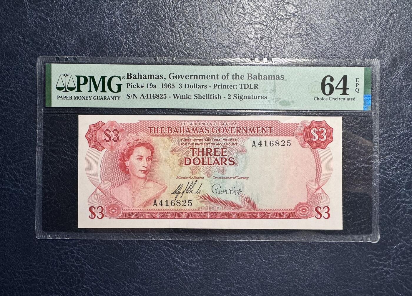 收藏联盟Quantum Auction 第376期拍卖  巴哈马1965年3元A冠 PMG64E 德纳罗彩背