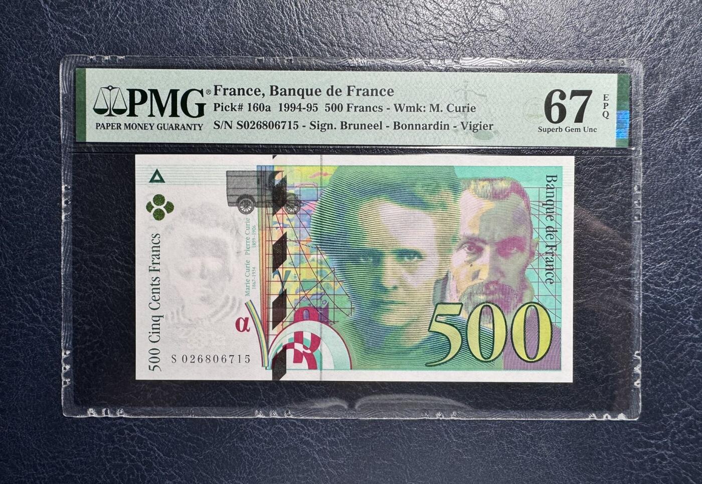 收藏联盟Quantum Auction 第376期拍卖  法国1994-95年500法郎 PMG67 首发年份 号码全程无4 两届诺贝尔化学奖得主 居里夫人