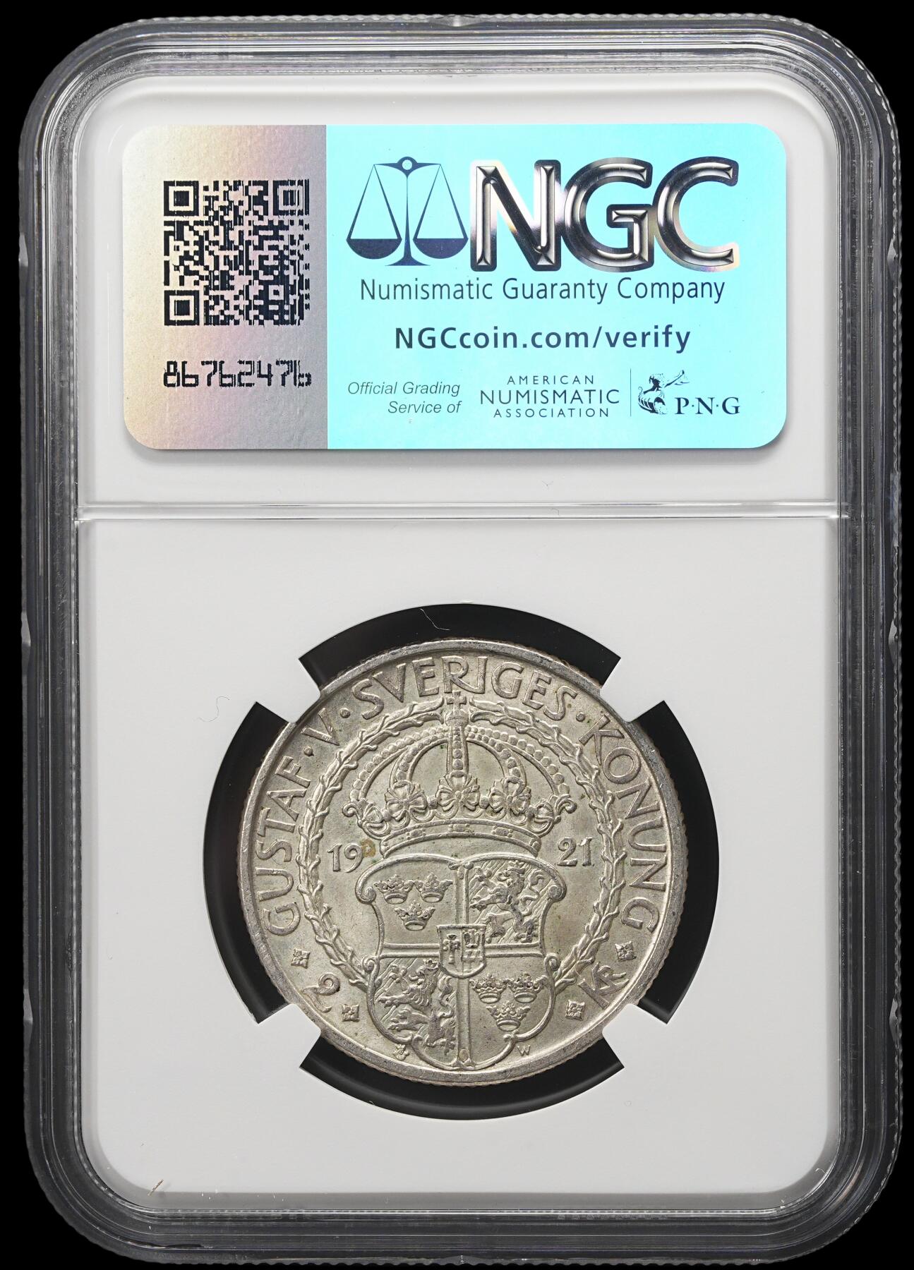 修遠堂世界钱币第三十九期 全场包邮 NGC MS64 1921年瑞典政治自由400周年纪念2克朗银币