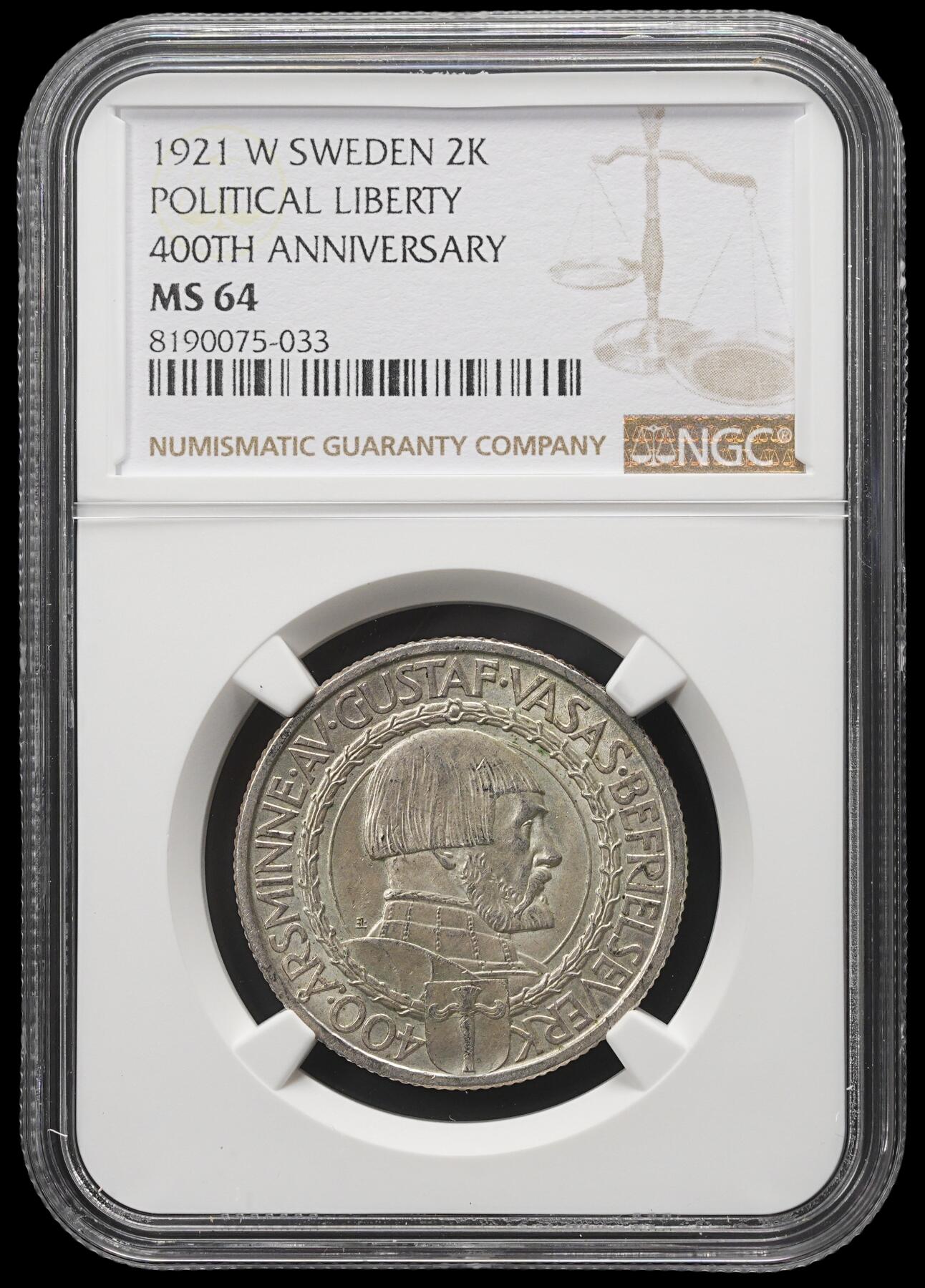 修遠堂世界钱币第三十九期 全场包邮 NGC MS64 1921年瑞典政治自由400周年纪念2克朗银币