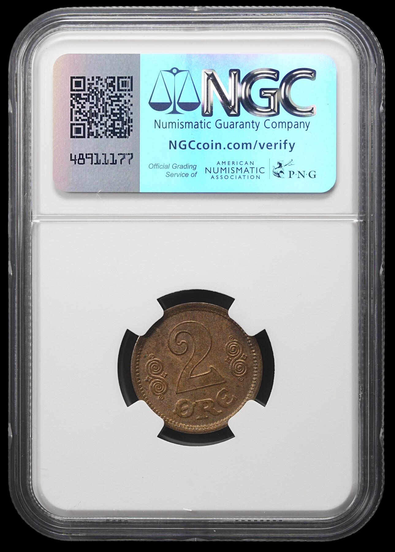 修遠堂世界钱币第三十九期 全场包邮 NGC MS64BN 1916年丹麦2欧尔铜币