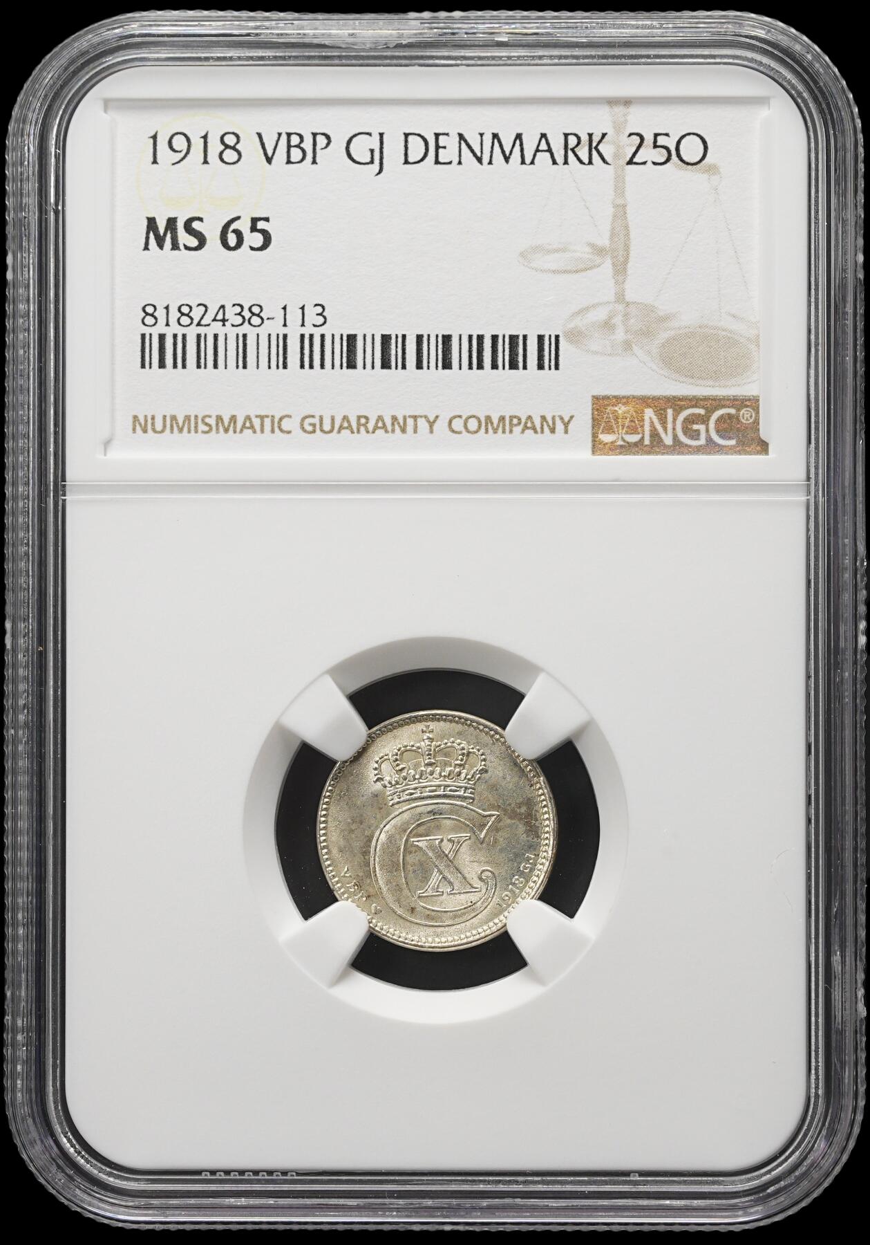 修遠堂世界钱币第三十九期 全场包邮 NGC MS65 1918年丹麦25欧尔银币