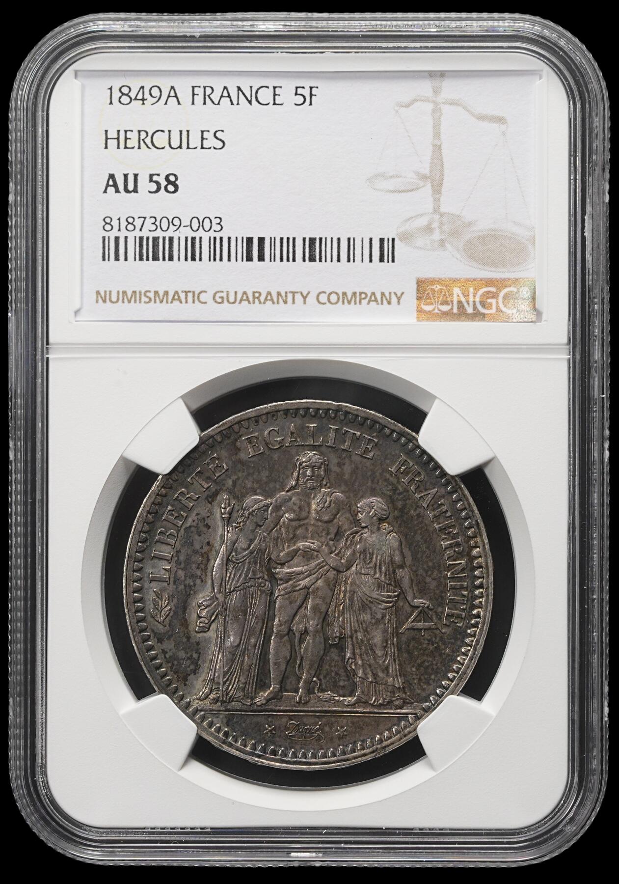 修遠堂世界钱币第三十九期 全场包邮 NGC AU58 1849年法国大力神5法郎大银币 A厂铭 通体黑五彩
