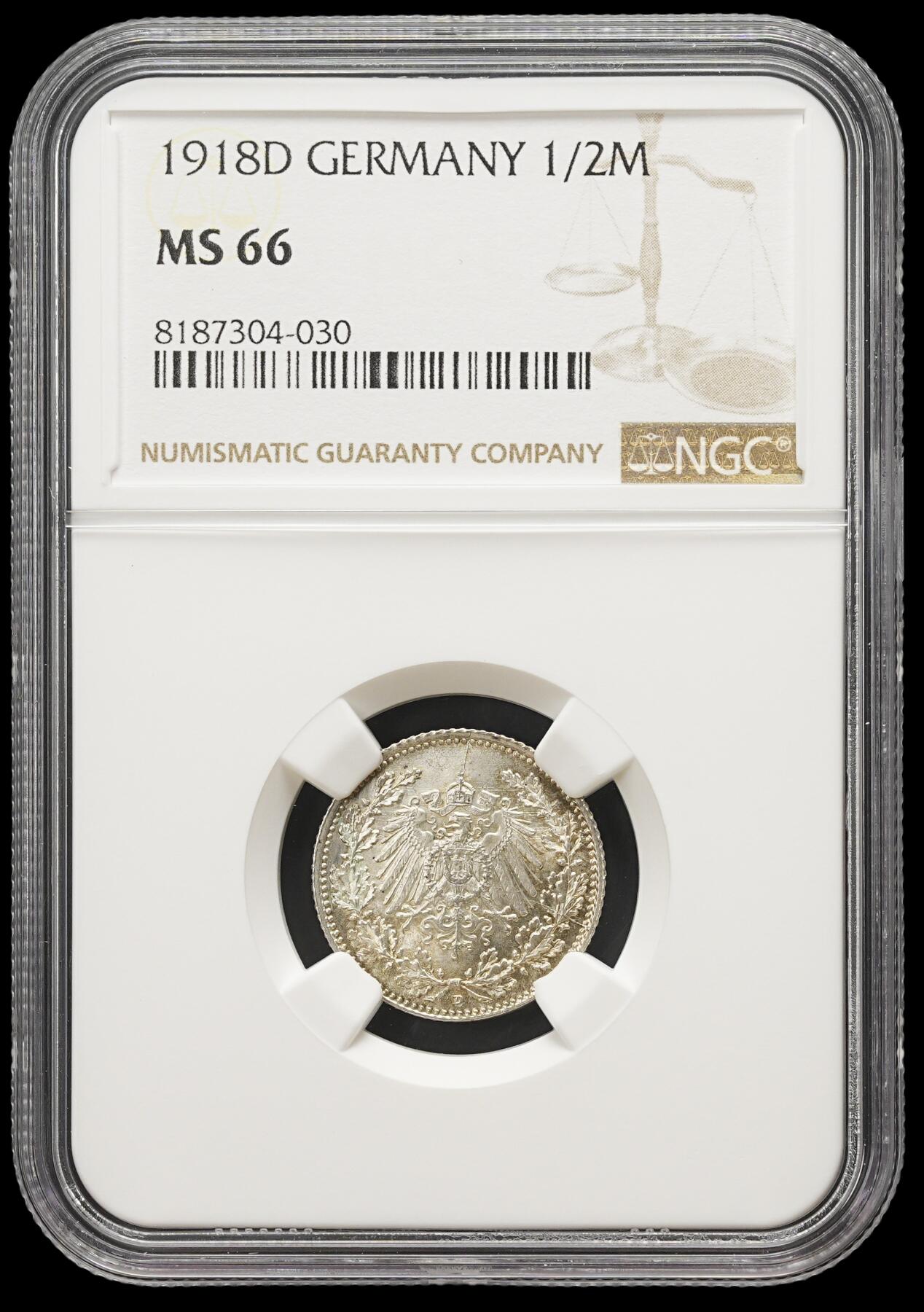 修遠堂世界钱币第三十九期 全场包邮 NGC MS66 1918年德国1/2马克银币