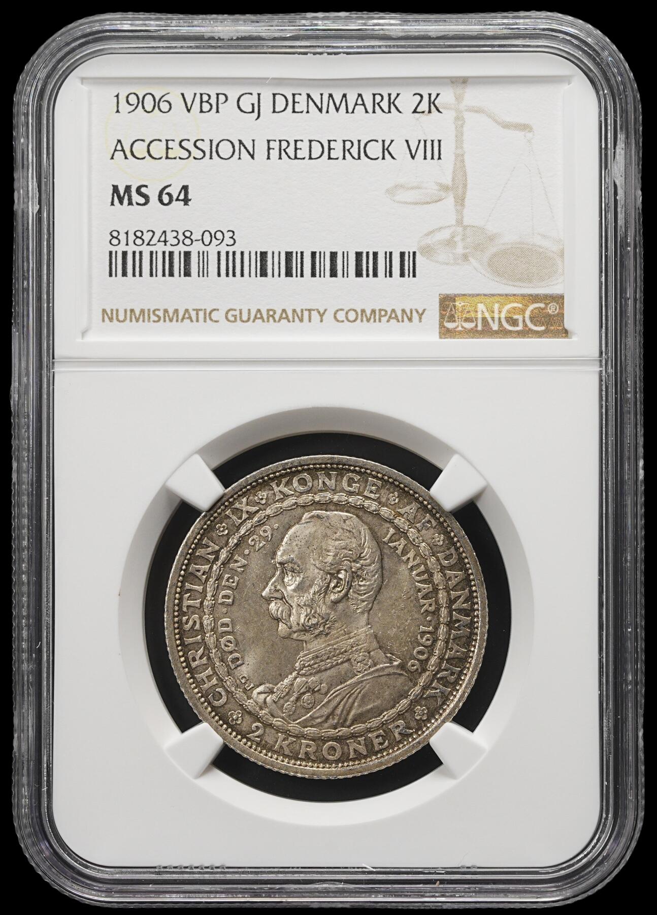修遠堂世界钱币第三十九期 全场包邮 NGC MS64 1906年丹麦国王更迭纪念2克朗银币