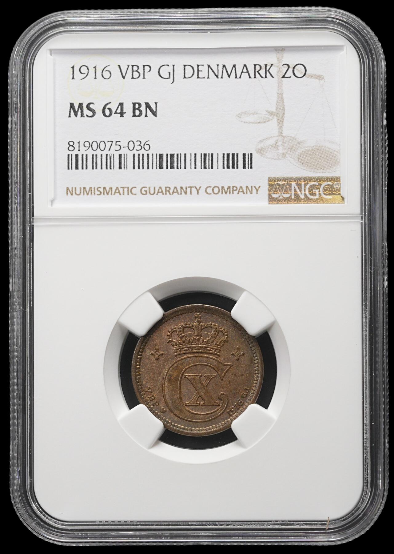 修遠堂世界钱币第三十九期 全场包邮 NGC MS64BN 1916年丹麦2欧尔铜币