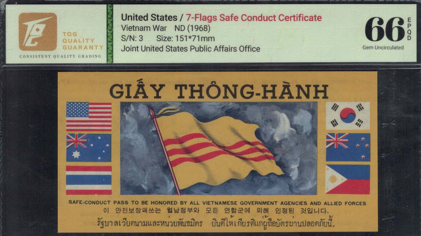 1968年越战劝降券(通行证) 南越 7国旗版 实物图 UNC
