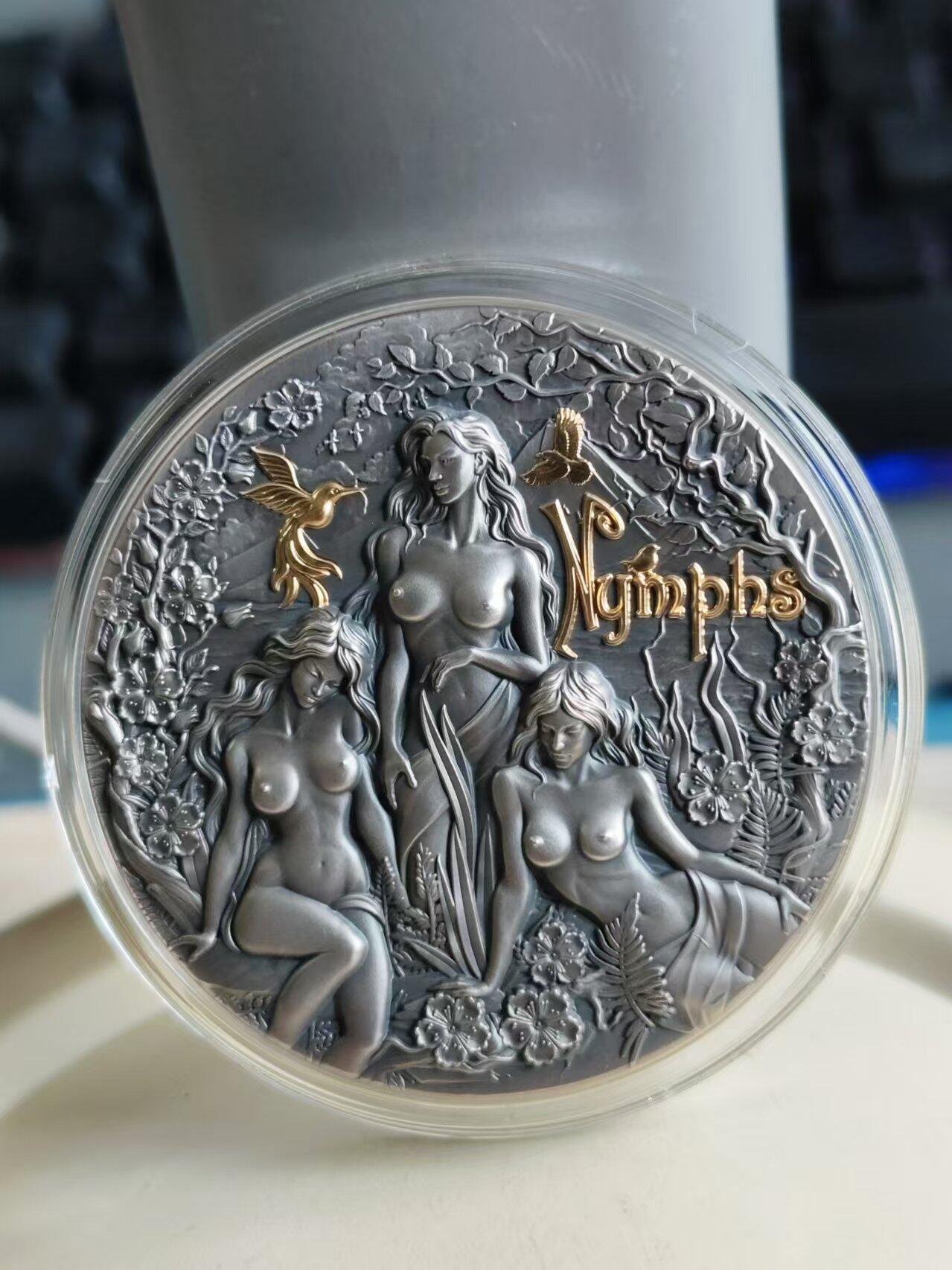 第187期拍卖 【海寧潮】喀麦隆2024年希腊神话女神宁芙2盎司仿古镀金纪念银币，999银，发行量500枚