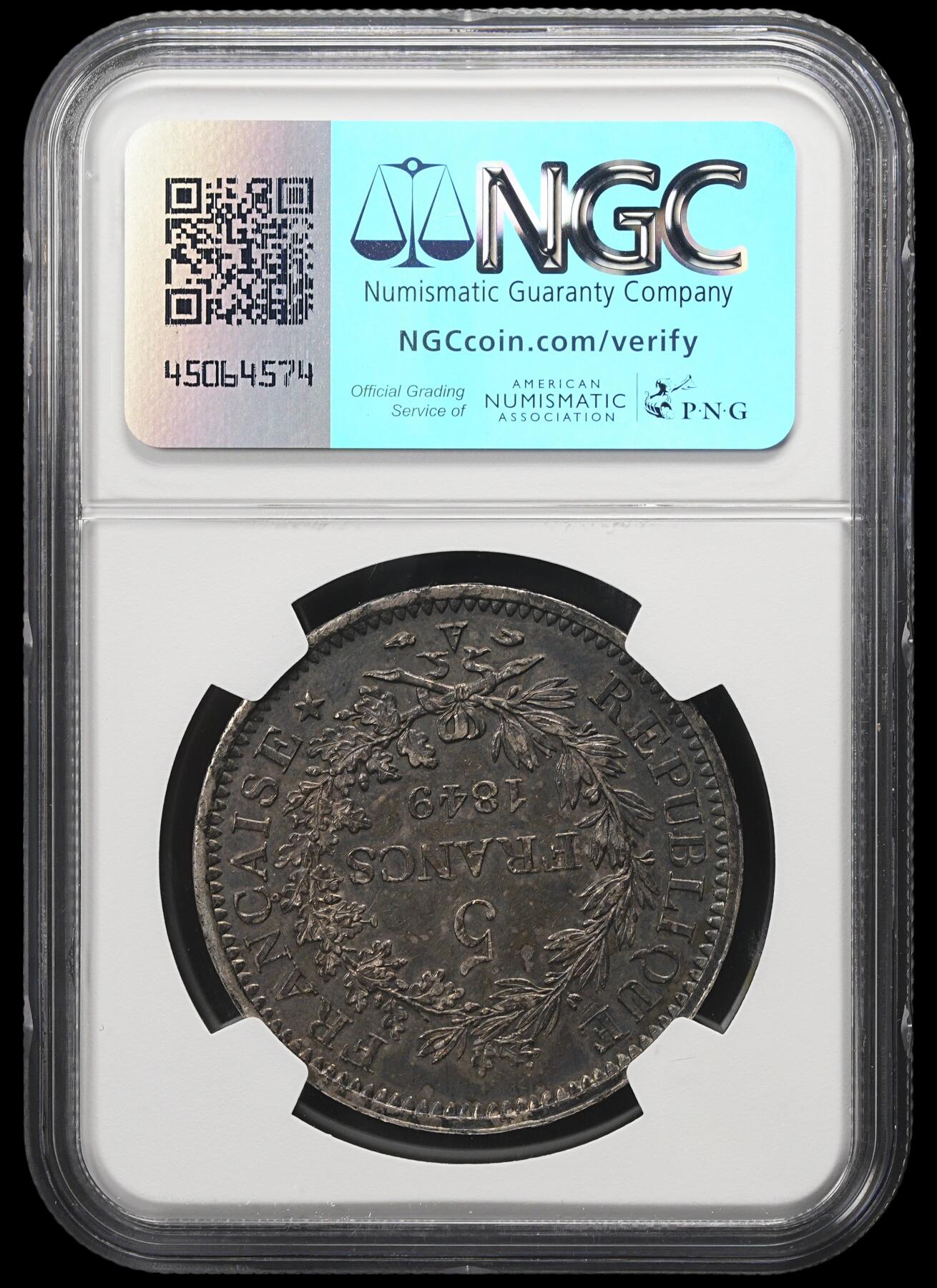 修遠堂世界钱币第三十九期 全场包邮 NGC AU58 1849年法国大力神5法郎大银币 A厂铭 通体黑五彩