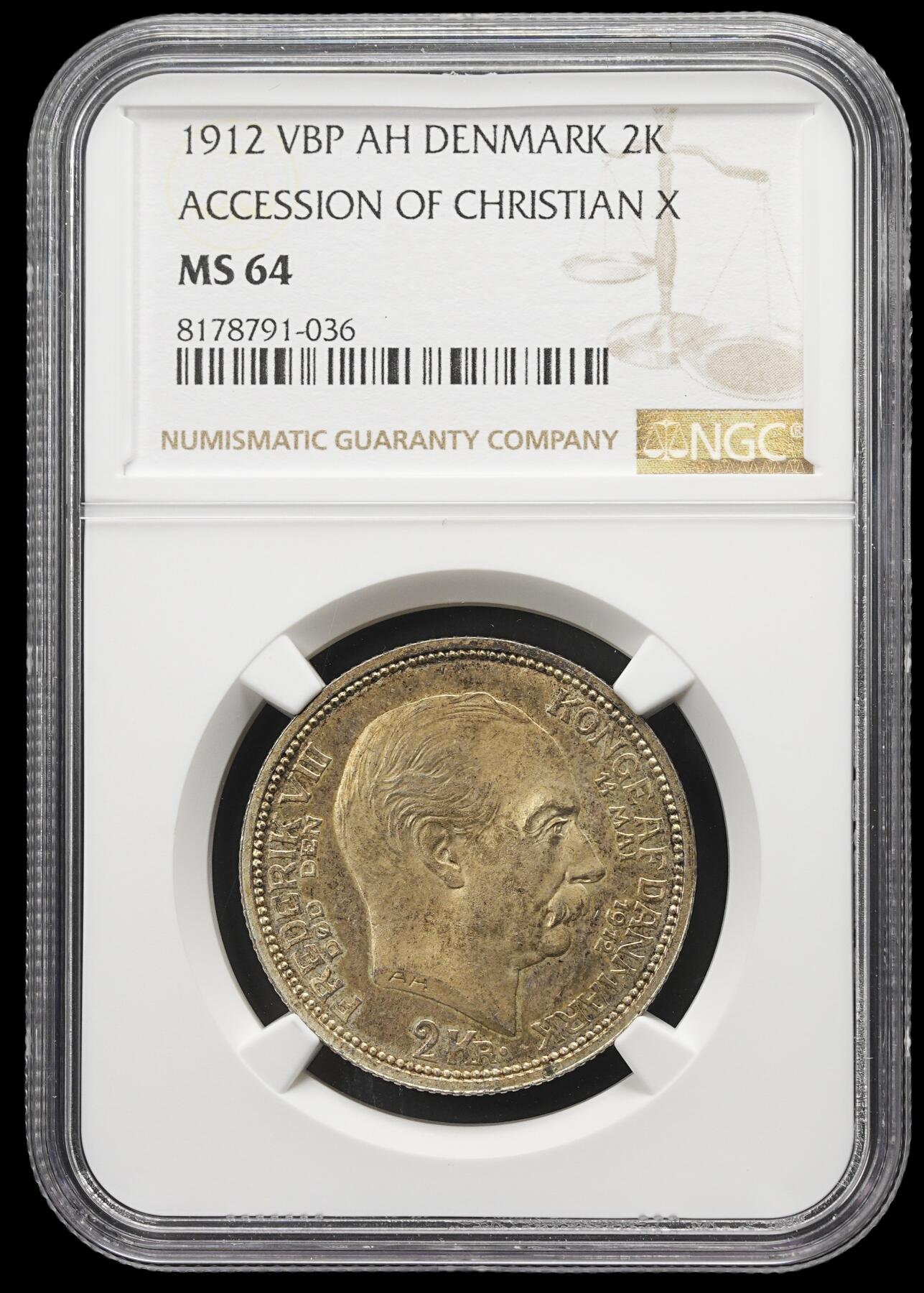 修遠堂世界钱币第三十九期 全场包邮 NGC MS64 1912年丹麦国王更迭纪念2克朗银币