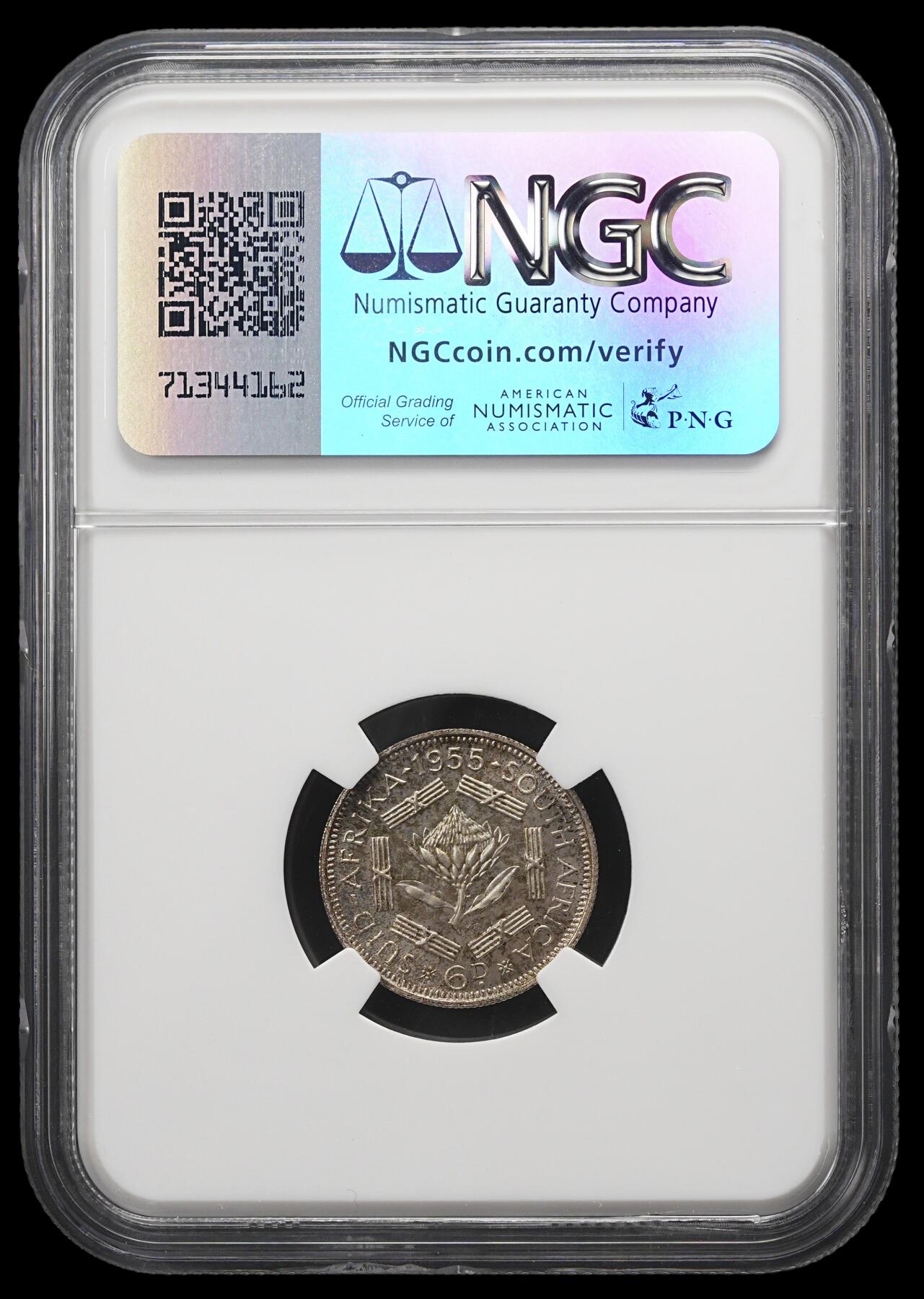 修遠堂世界钱币第三十九期 全场包邮 NGC PF65 1955年南非6便士精制银币 仅铸造2850枚