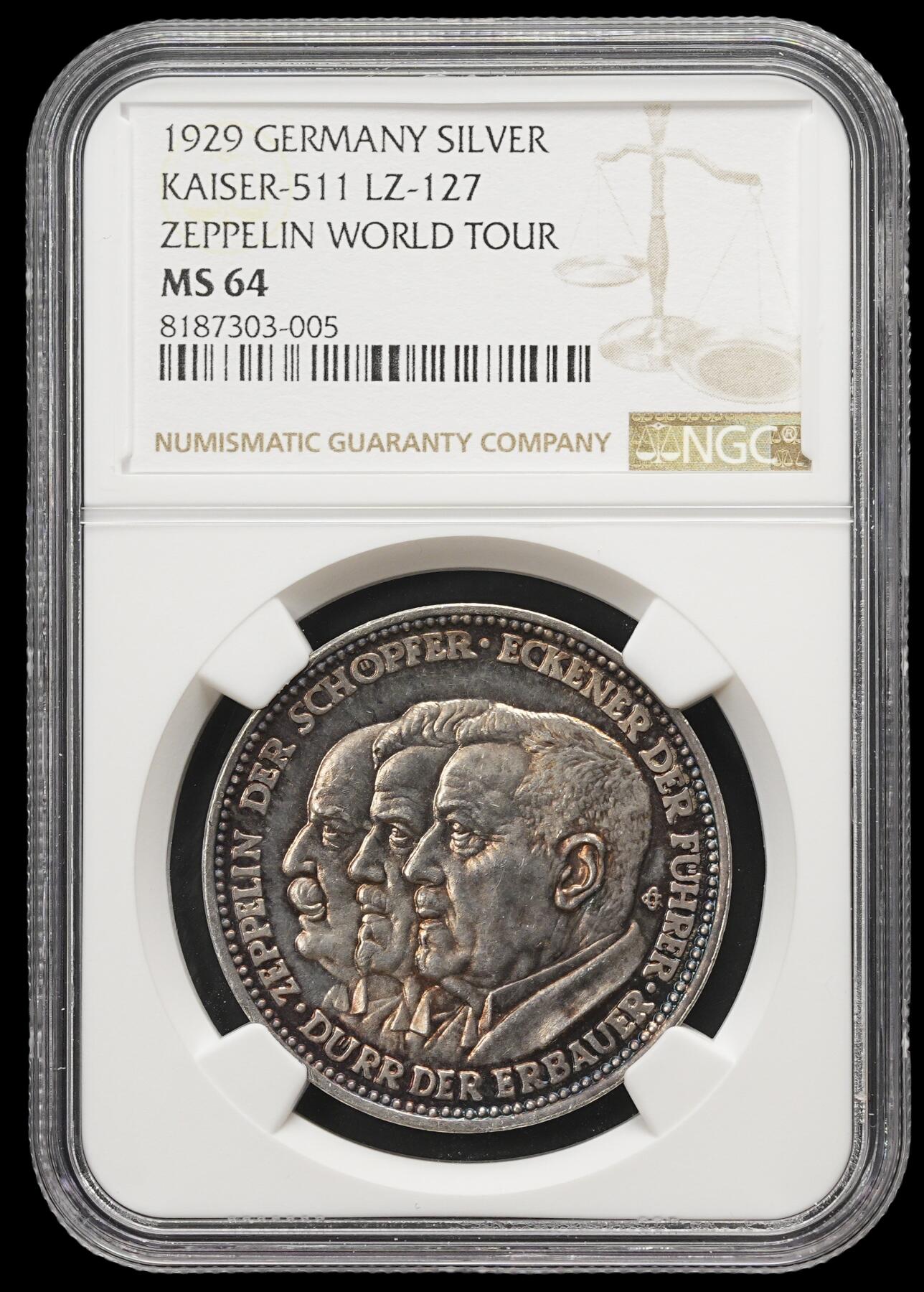 修遠堂世界钱币第三十九期 全场包邮 NGC MS64 1929年德国齐柏林飞艇世界巡游银章 五彩