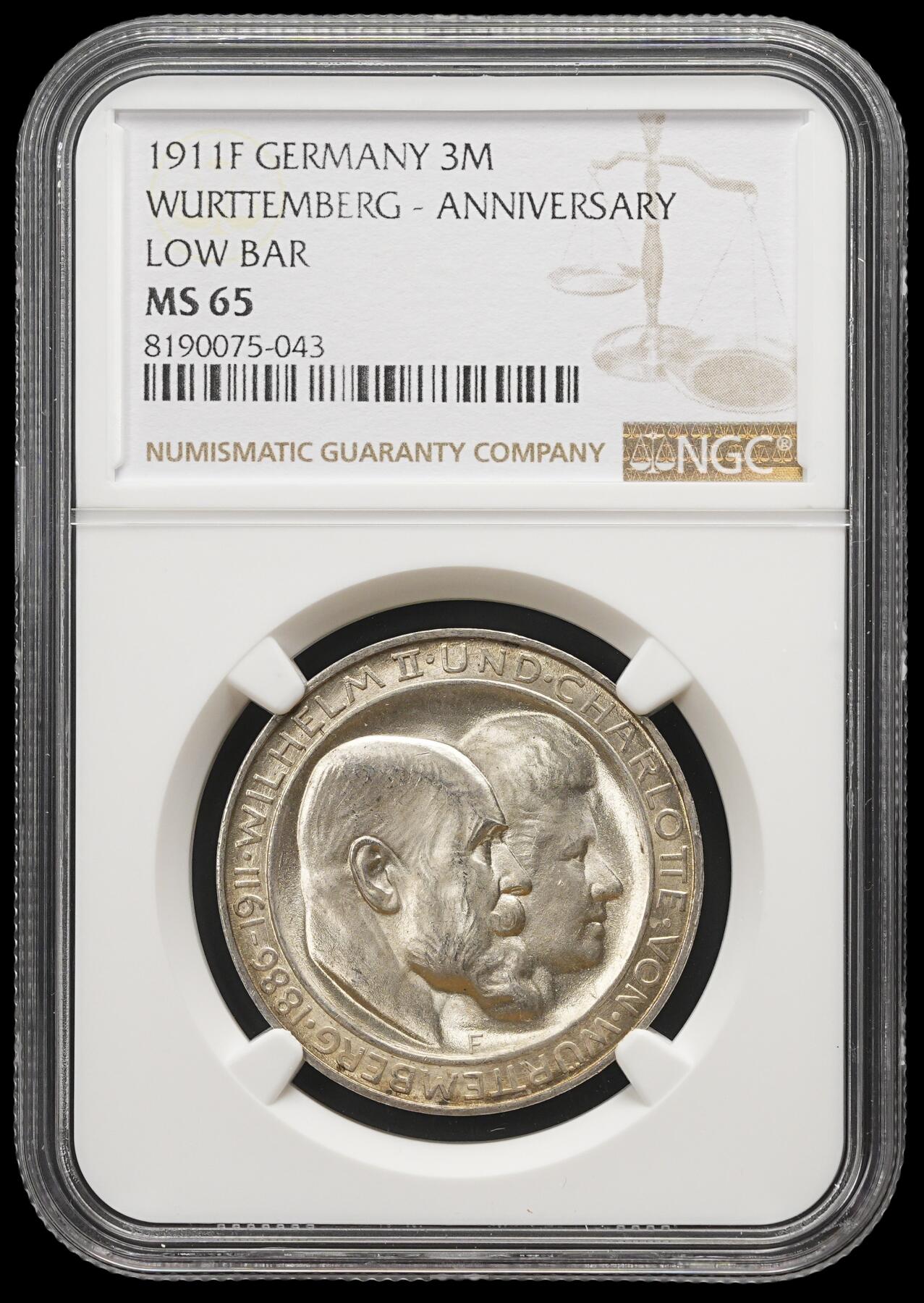 修遠堂世界钱币第三十九期 全场包邮 NGC MS65 1911年符腾堡国王银婚纪念3马克银币
