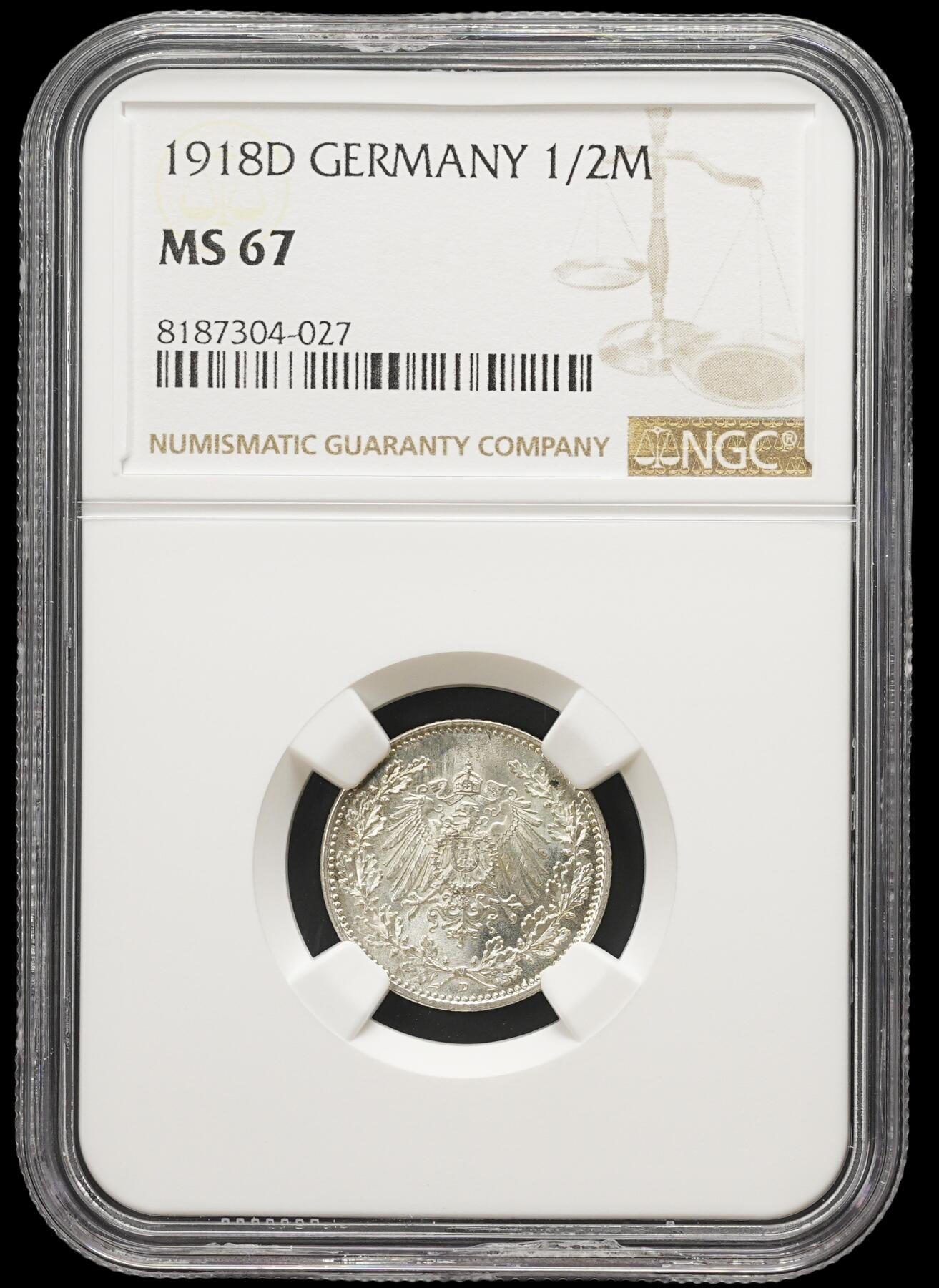 修遠堂世界钱币第三十九期 全场包邮 NGC MS67 1918年德国1/2马克银币