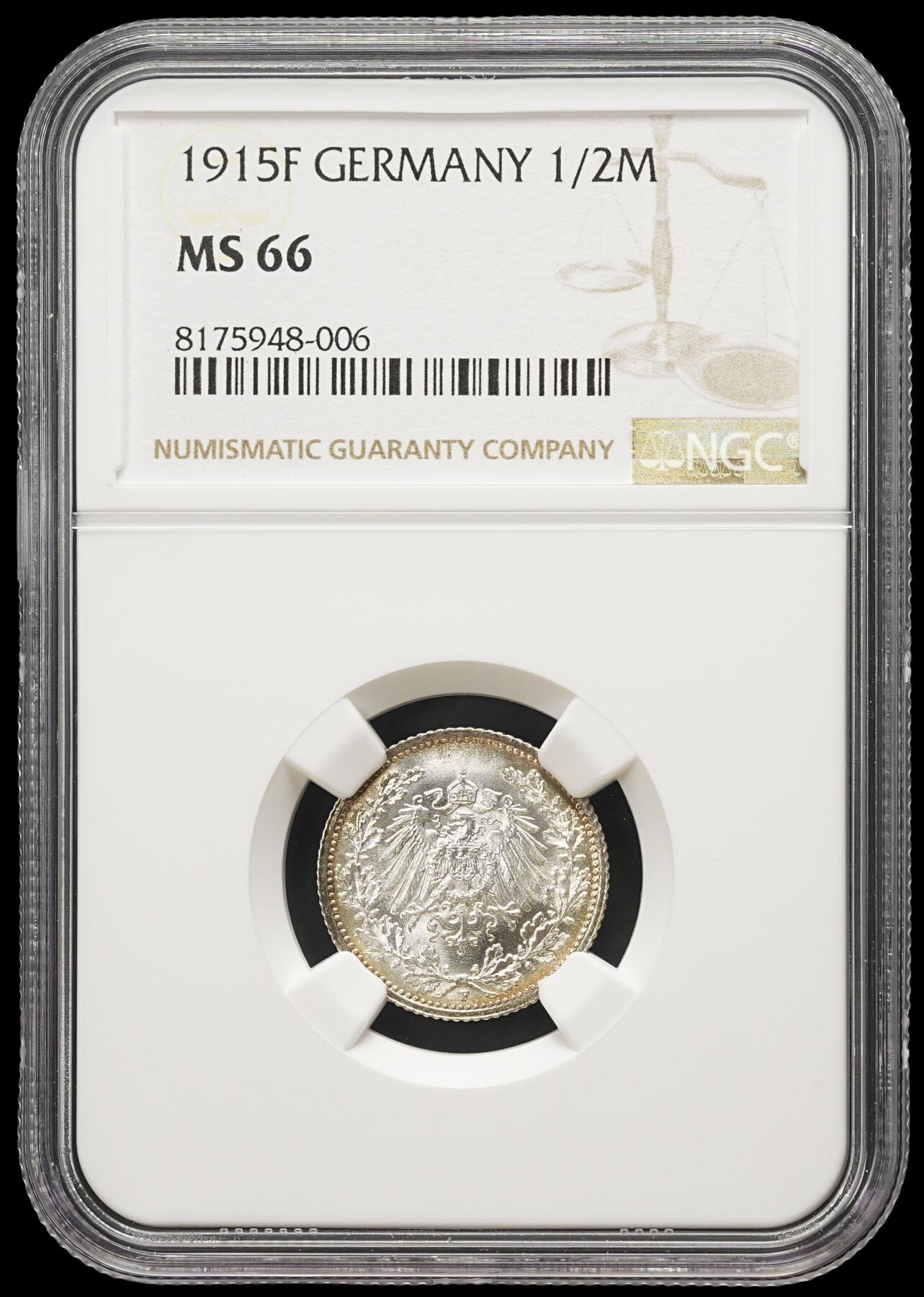 修遠堂世界钱币第三十九期 全场包邮 NGC MS66 1915年德国1/2马克银币