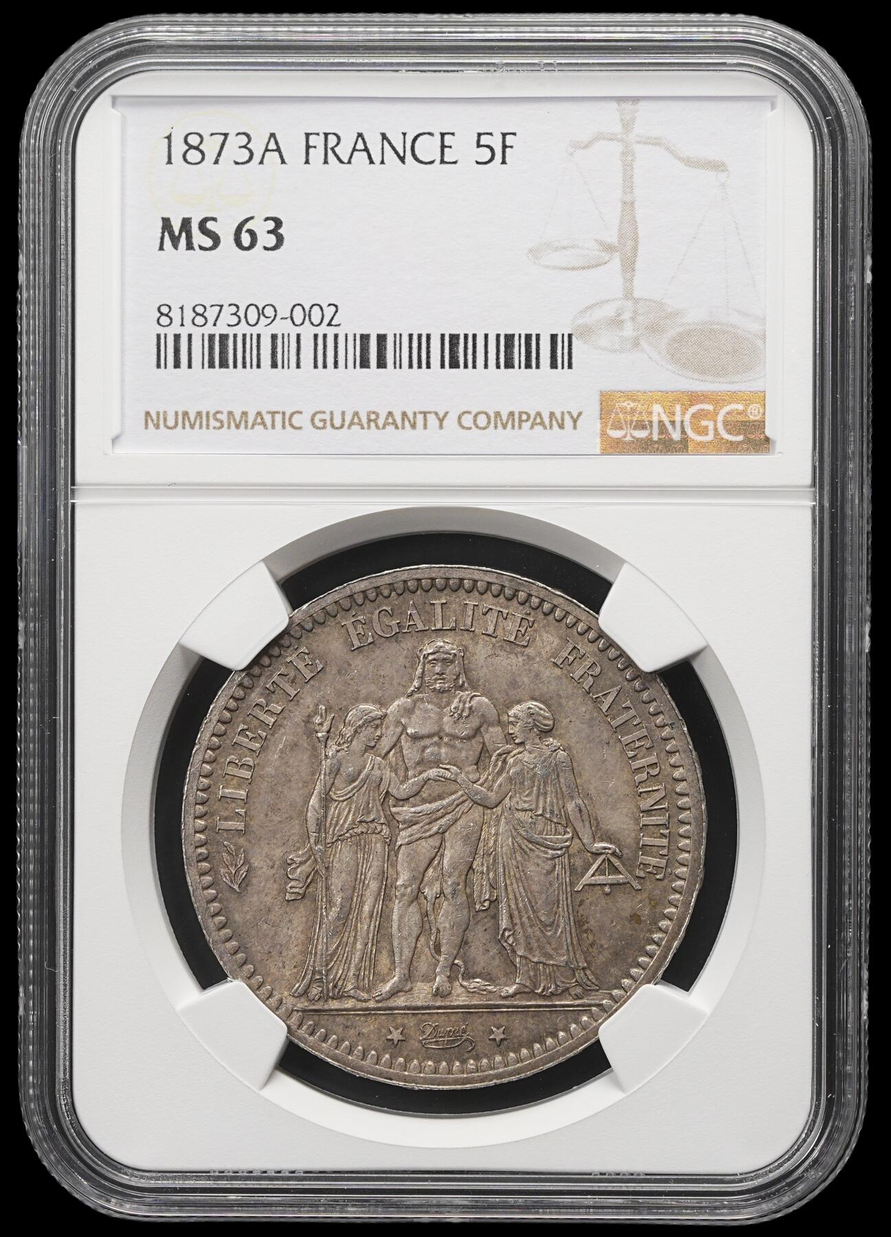 修遠堂世界钱币第三十九期 全场包邮 NGC MS63 1873年法国5法郎大银币 A厂铭 纸袋包浆