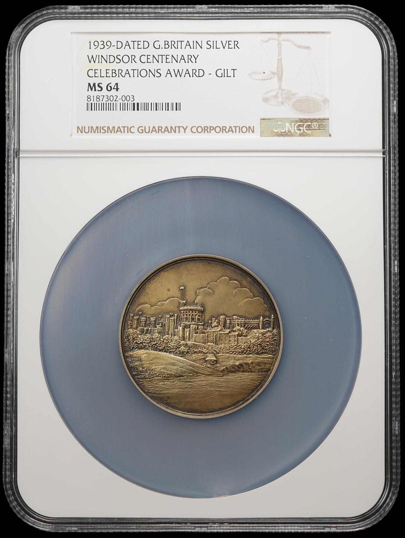 修遠堂世界钱币第三十九期 全场包邮 NGC MS64 1939年英国皇家农业学会百年庆典镀金大银章 温莎城堡景观图 51mm大尺寸