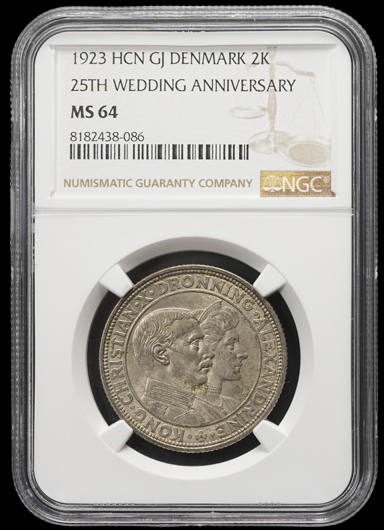 修遠堂世界钱币第三十九期 全场包邮 NGC MS64 1923年丹麦国王银婚纪念2克朗银币