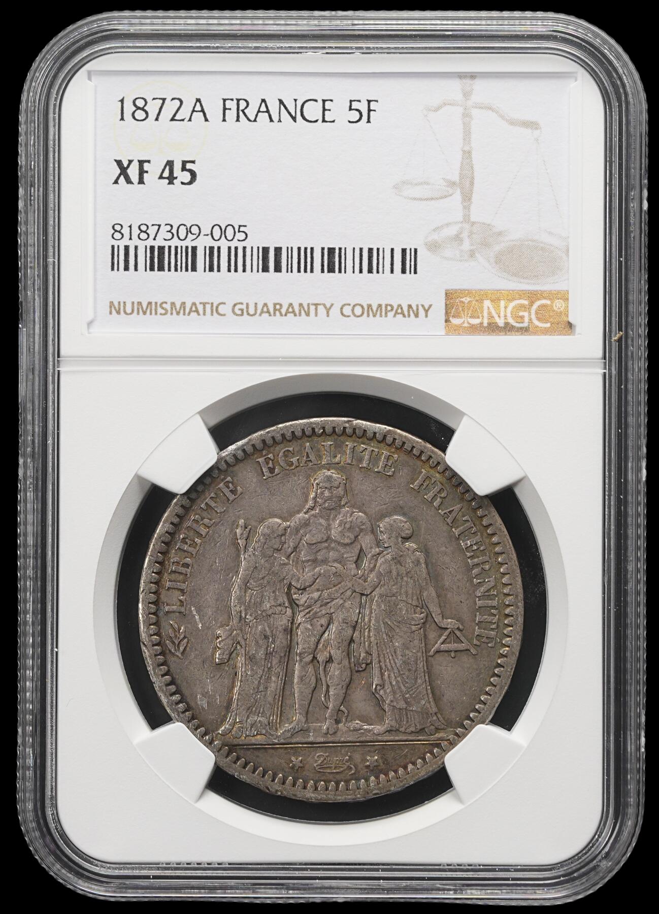 修遠堂世界钱币第三十九期 全场包邮 NGC XF45 1872年法国大力神5法郎大银币 A厂铭 五彩包浆 非常稀少的年份 仅铸造5.7万枚
