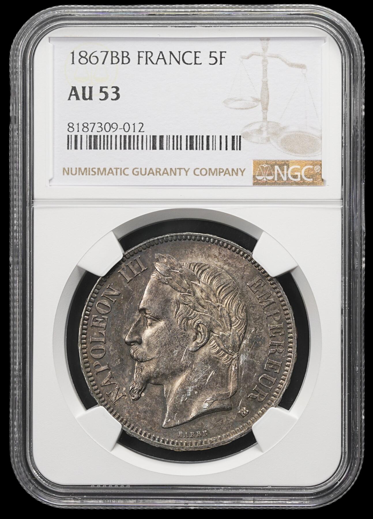 修遠堂世界钱币第三十九期 全场包邮 NGC AU53 1867年法国拿破仑三世5法郎大银币 BB厂铭
