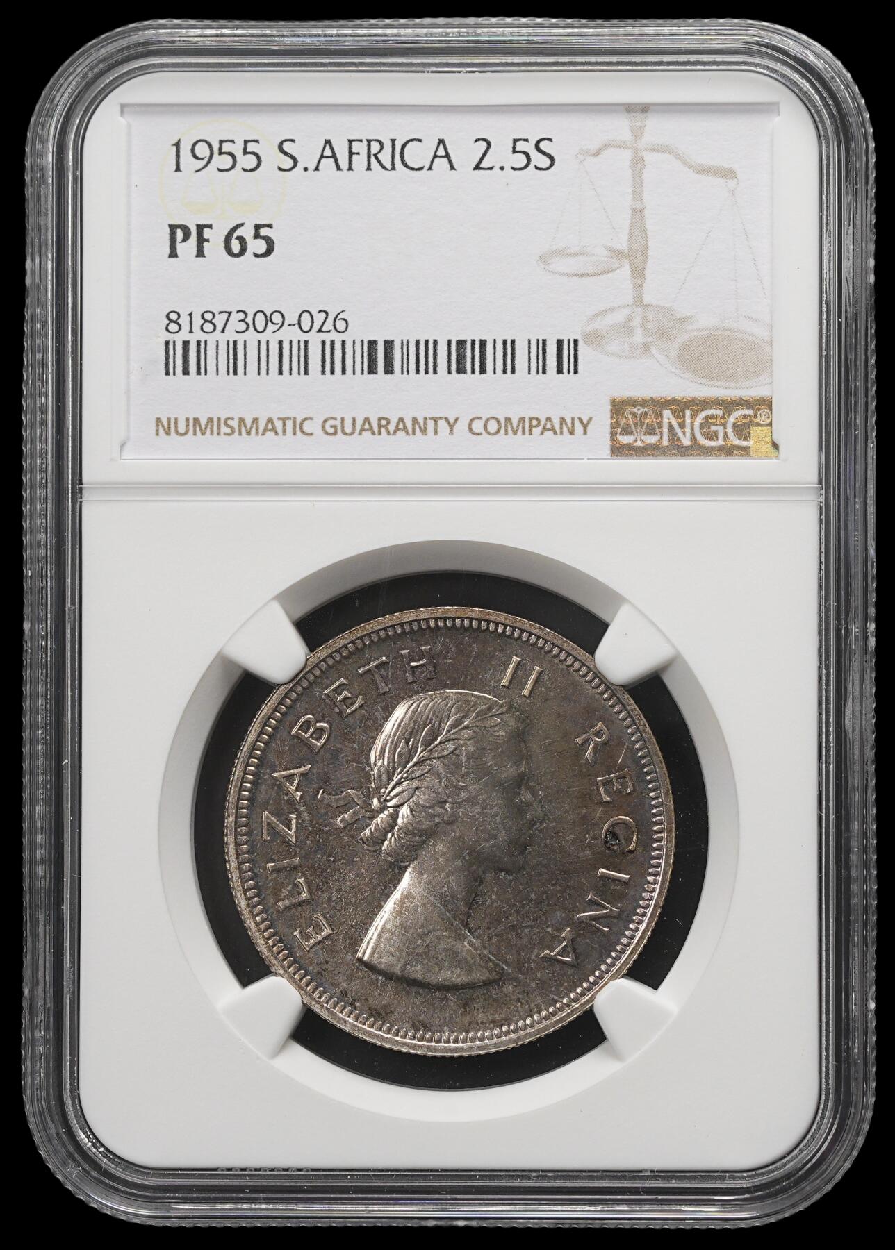 修遠堂世界钱币第三十九期 全场包邮 NGC PF65 1955年南非2.5先令精制银币 仅铸造2850枚