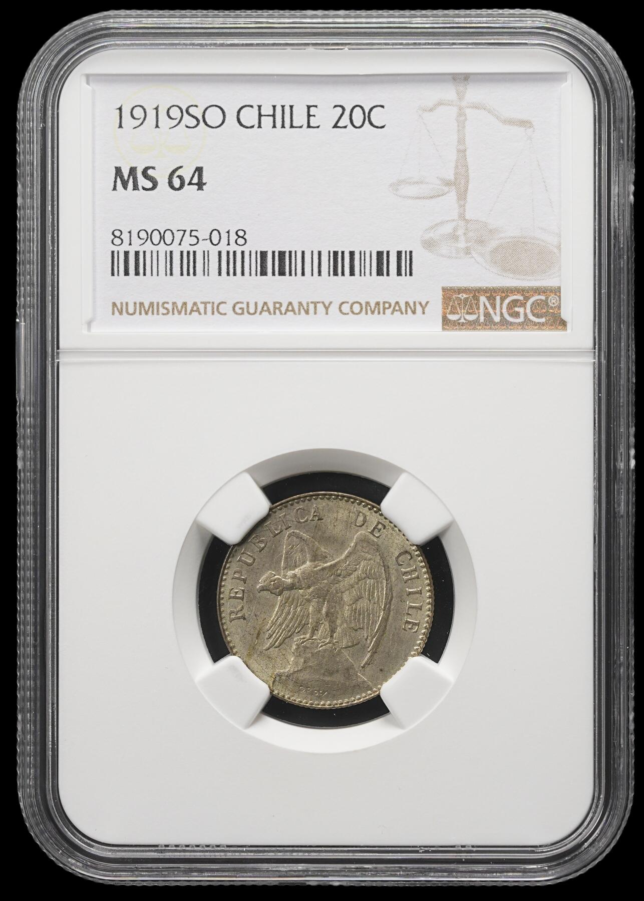 修遠堂世界钱币第三十九期 全场包邮 NGC MS64 1919年智利20分小银币
