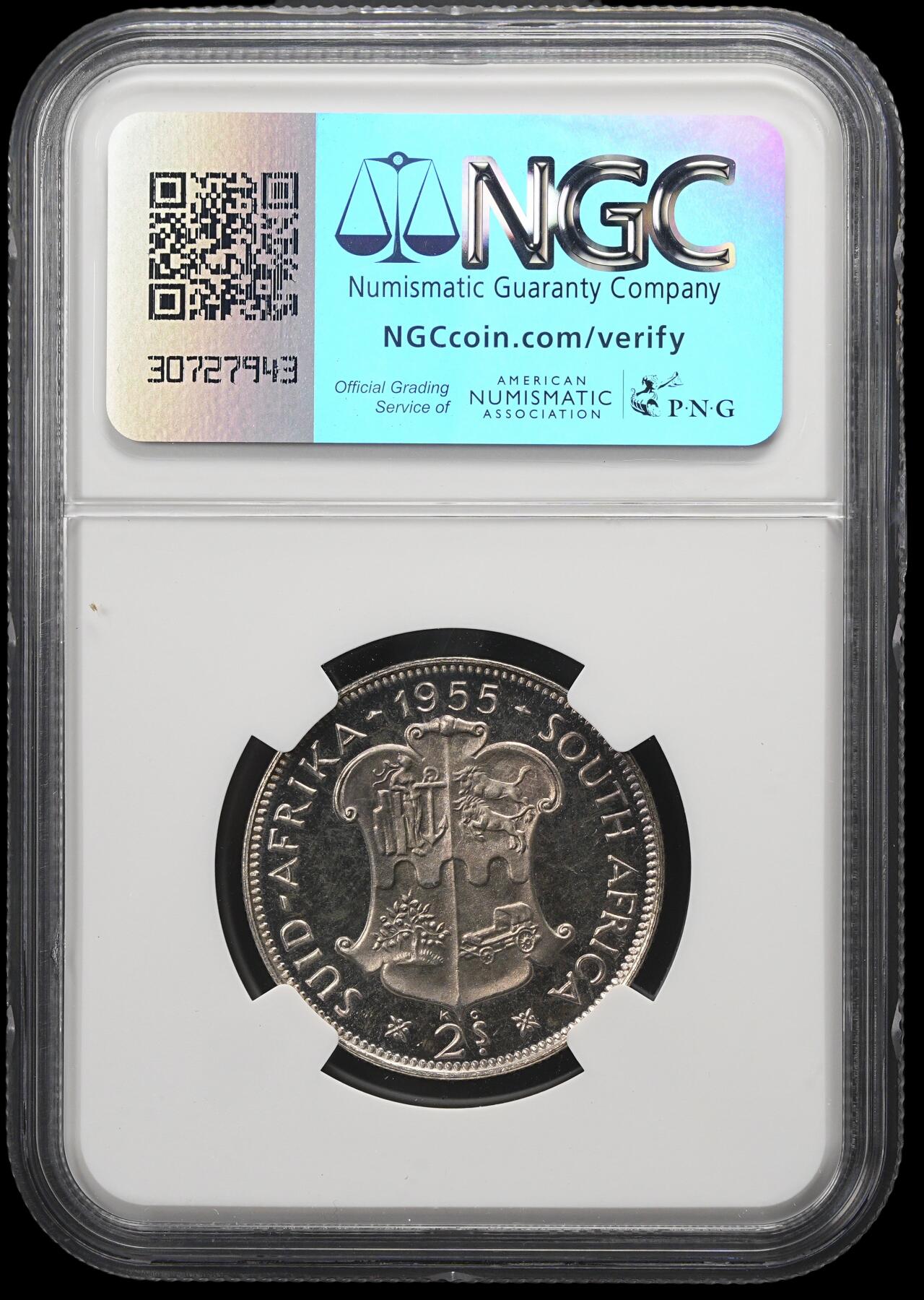 修遠堂世界钱币第三十九期 全场包邮 NGC PF65 1955年南非2先令精制银币 仅铸造2850枚