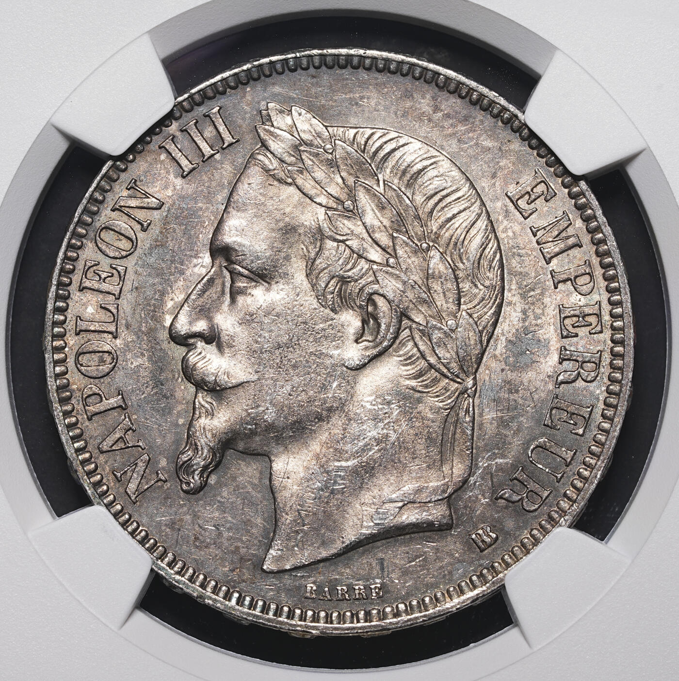 修遠堂世界钱币第三十九期 全场包邮 NGC AU53 1867年法国拿破仑三世5法郎大银币 BB厂铭