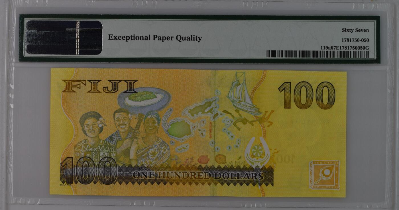 收藏联盟Quantum Auction 第376期拍卖  斐济ND (2013)年100元FFA首发冠豹子号  PMG67 号码无4