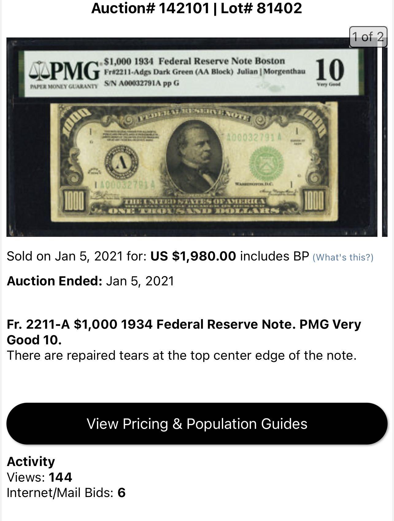 收藏联盟Quantum Auction 第376期拍卖  美国联邦1934年1000元 PMG20 AA冠无4且为千位号 稀少