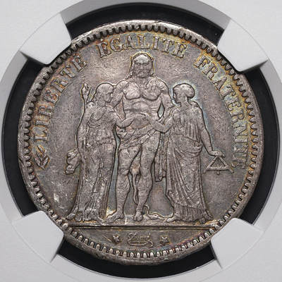 修遠堂世界钱币第三十九期 全场包邮 - NGC XF45 1872年法国大力神5法郎大银币 A厂铭 五彩包浆 非常稀少的年份 仅铸造5.7万枚