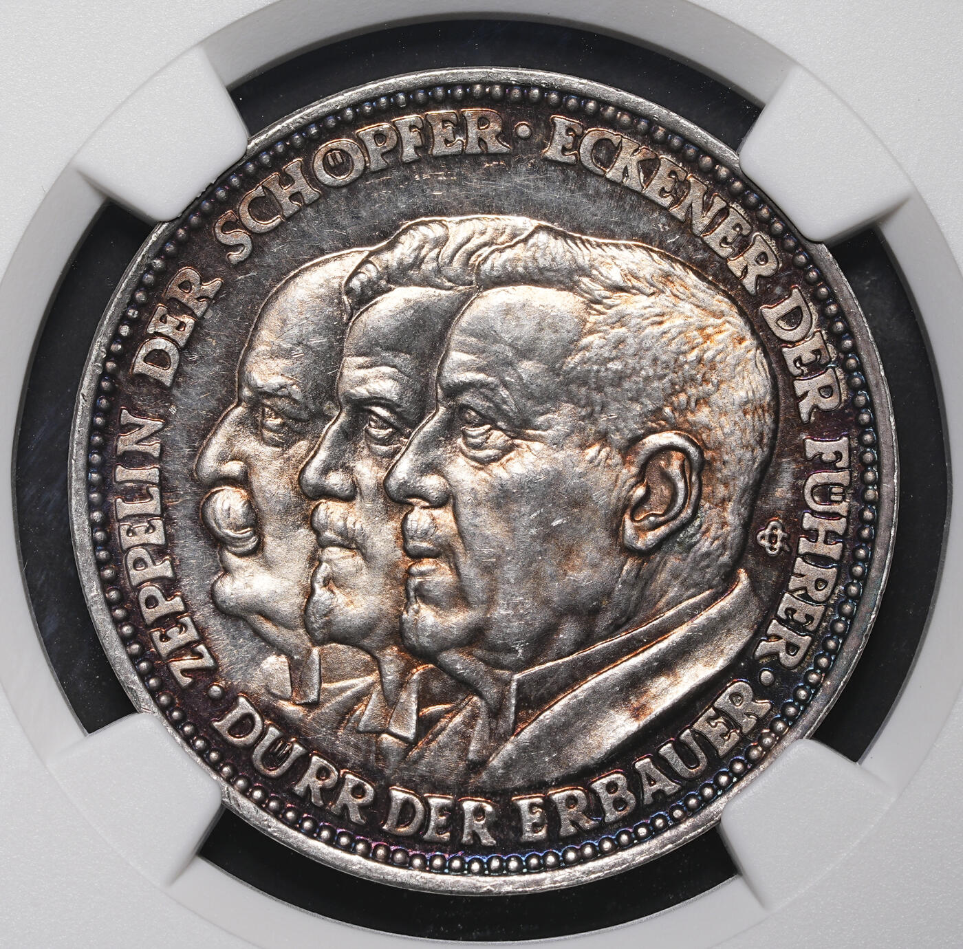 修遠堂世界钱币第三十九期 全场包邮 NGC MS64 1929年德国齐柏林飞艇世界巡游银章 五彩