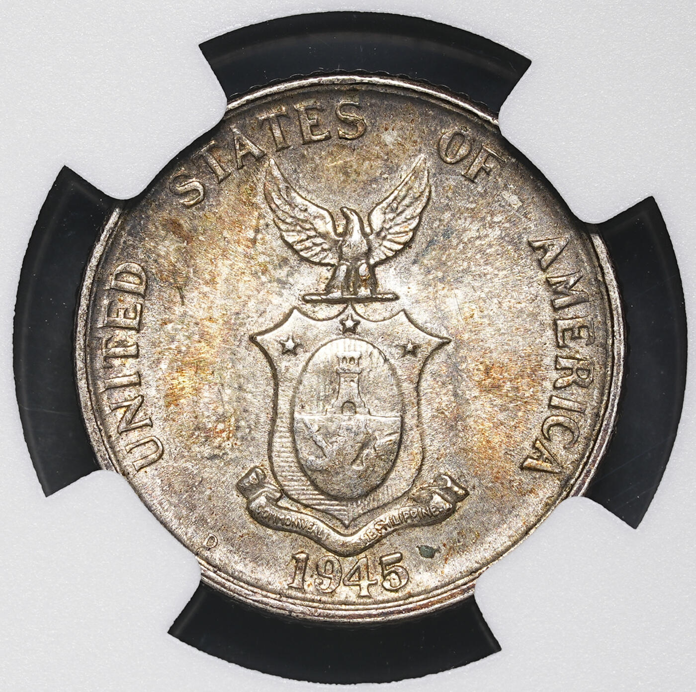 修遠堂世界钱币第三十九期 全场包邮 NGC MS63 1945年美属菲律宾20分银币 五彩