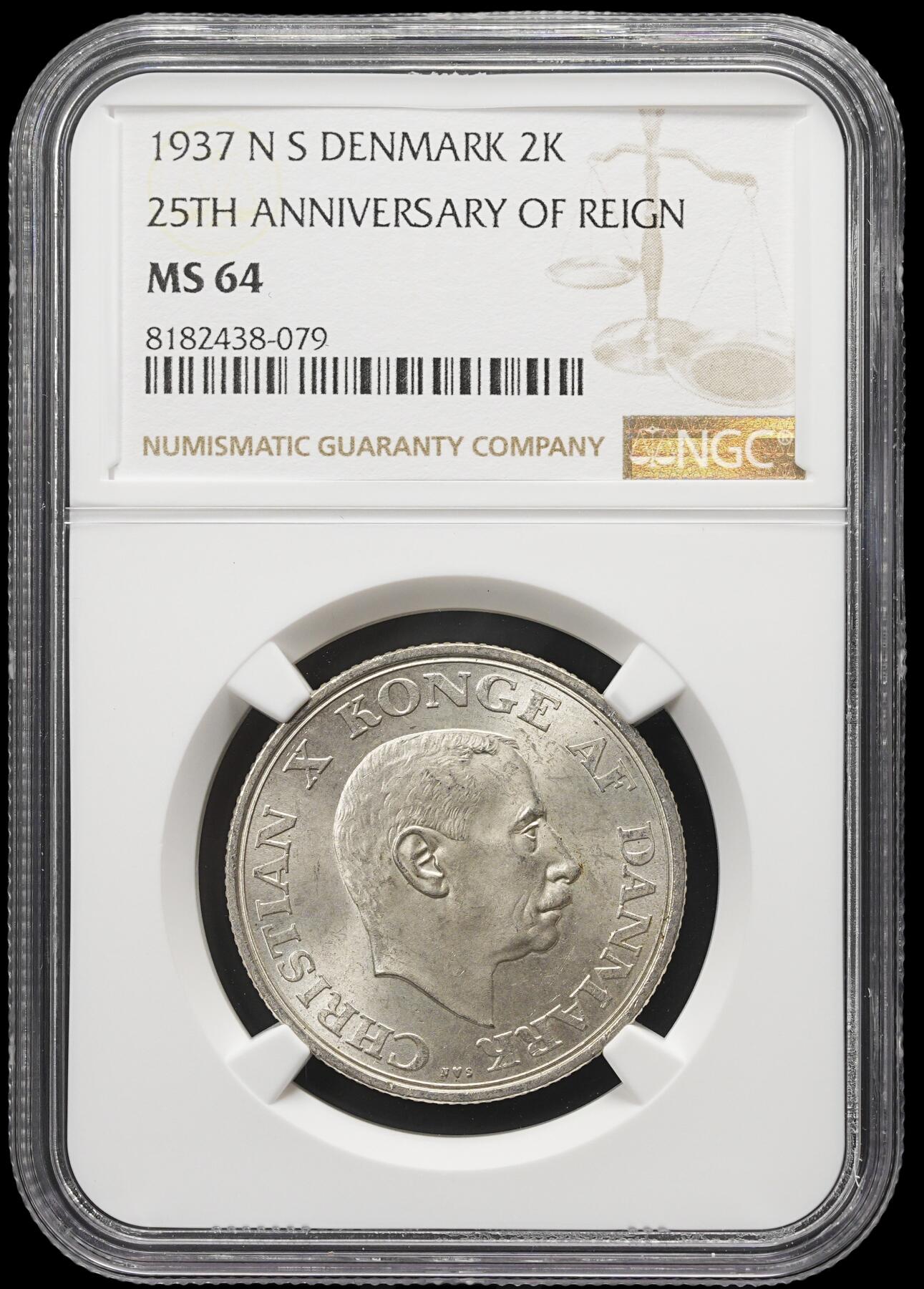 修遠堂世界钱币第三十九期 全场包邮 NGC MS64 1937年丹麦国王登基25周年纪念2克朗银币