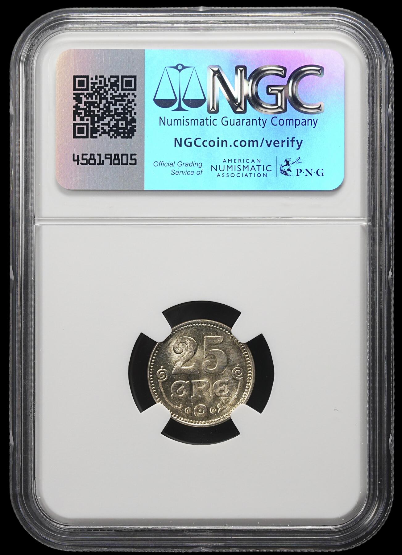 修遠堂世界钱币第三十九期 全场包邮 NGC MS65 1919年丹麦25欧尔银币