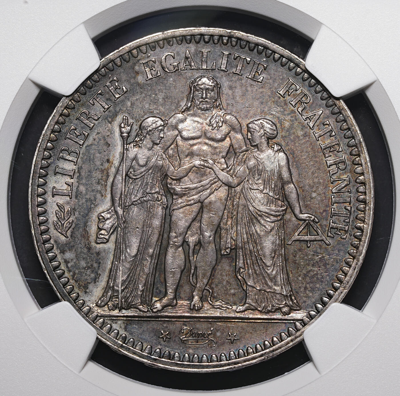 修遠堂世界钱币第三十九期 全场包邮 NGC AU58 1849年法国大力神5法郎大银币 A厂铭 通体黑五彩