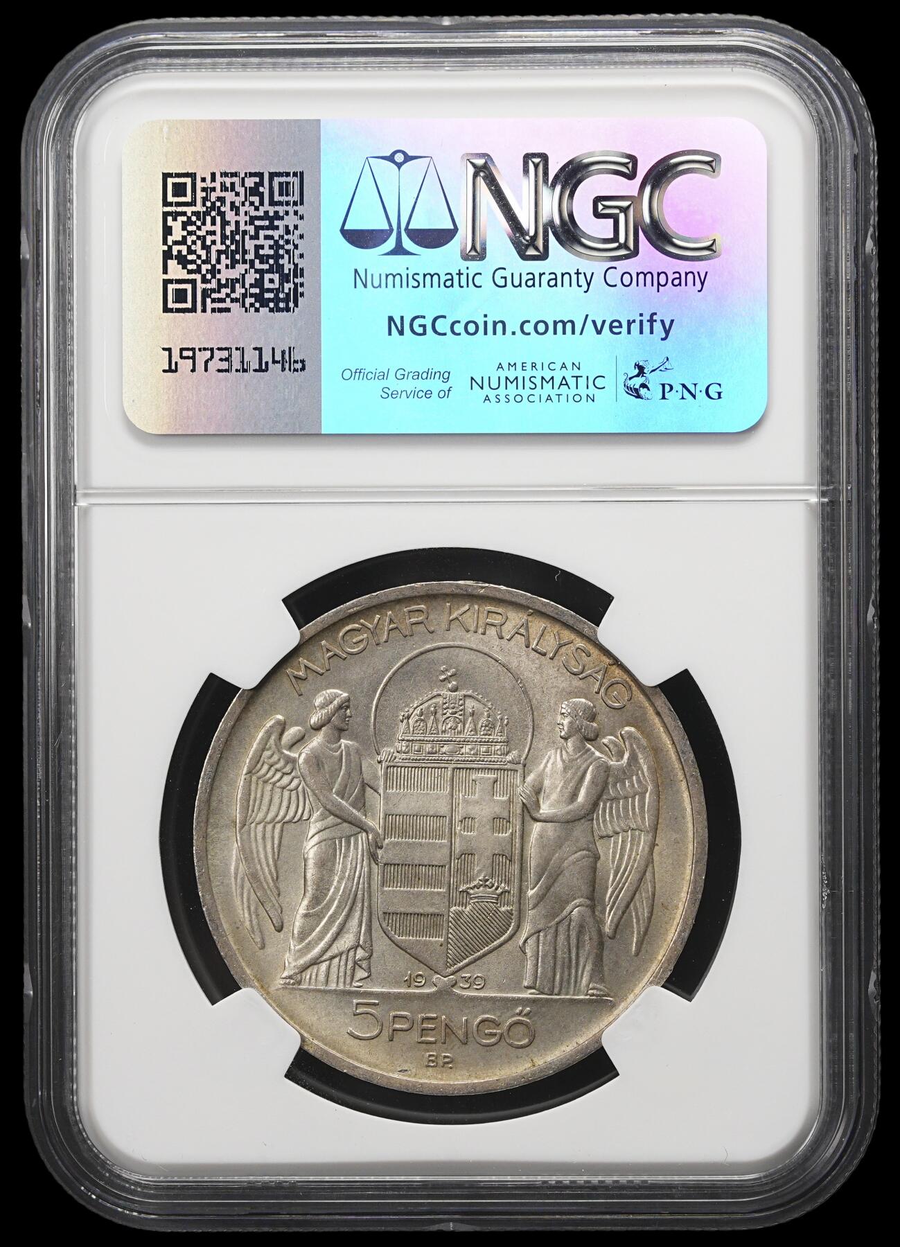 修遠堂世界钱币第三十九期 全场包邮 NGC MS64 1939年匈牙利摄政王海军上将霍尔蒂5 PENGO大银币