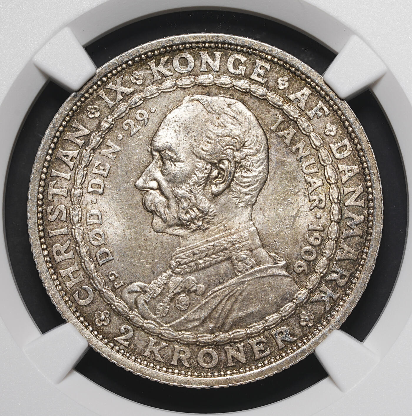 修遠堂世界钱币第三十九期 全场包邮 NGC MS64 1906年丹麦国王更迭纪念2克朗银币
