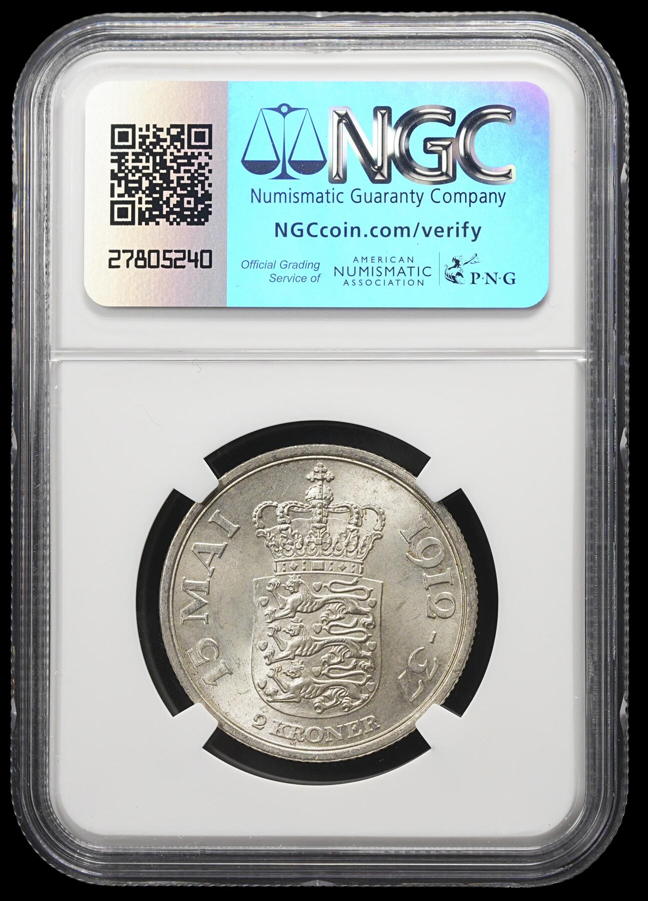 修遠堂世界钱币第三十九期 全场包邮 NGC MS64 1937年丹麦国王登基25周年纪念2克朗银币