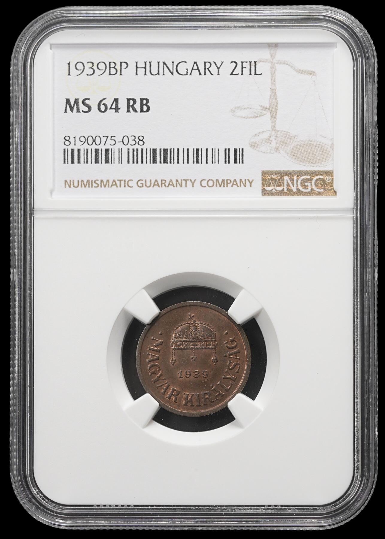 修遠堂世界钱币第三十九期 全场包邮 NGC MS64RB 1939年匈牙利2 FILLER铜币