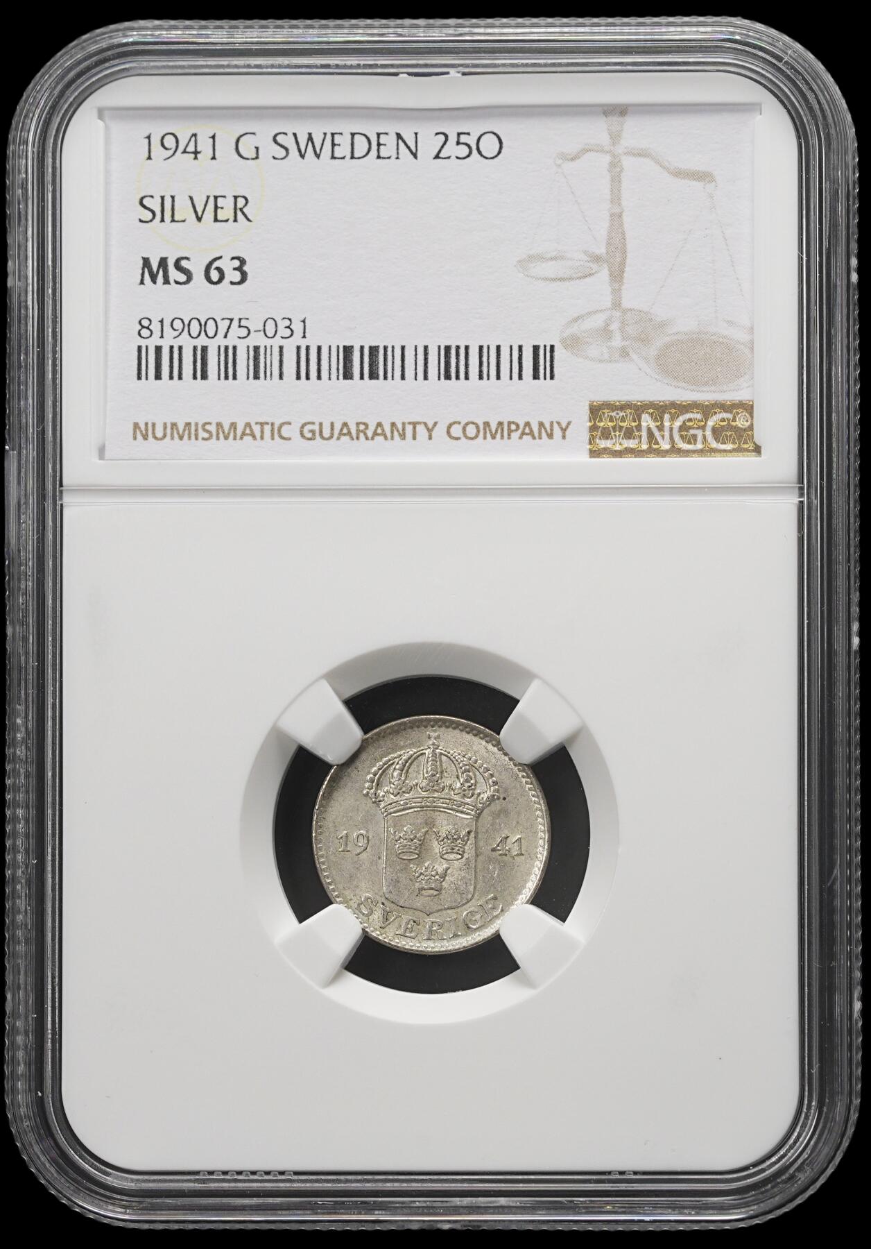 修遠堂世界钱币第三十九期 全场包邮 NGC MS63 1941年瑞典25欧尔银币