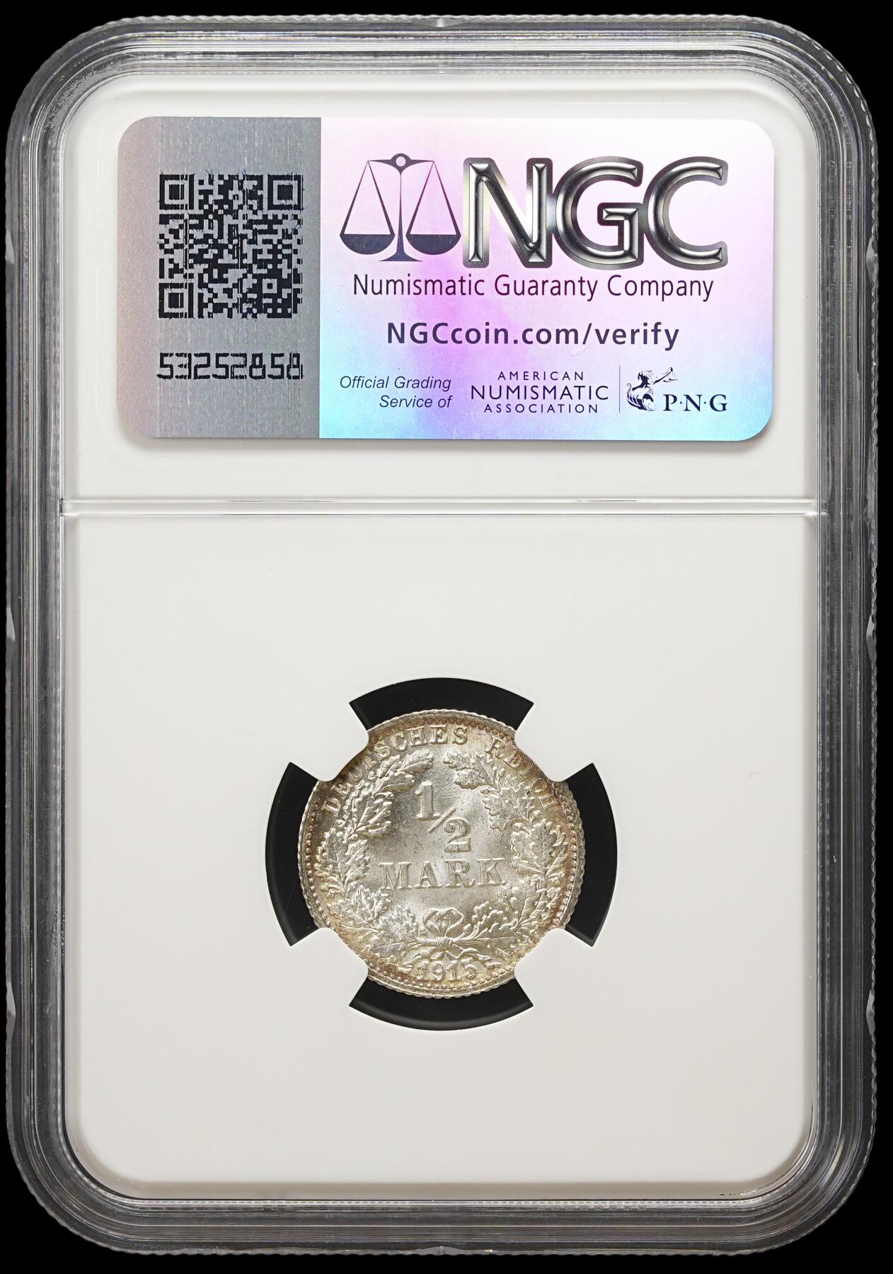 修遠堂世界钱币第三十九期 全场包邮 NGC MS66 1915年德国1/2马克银币