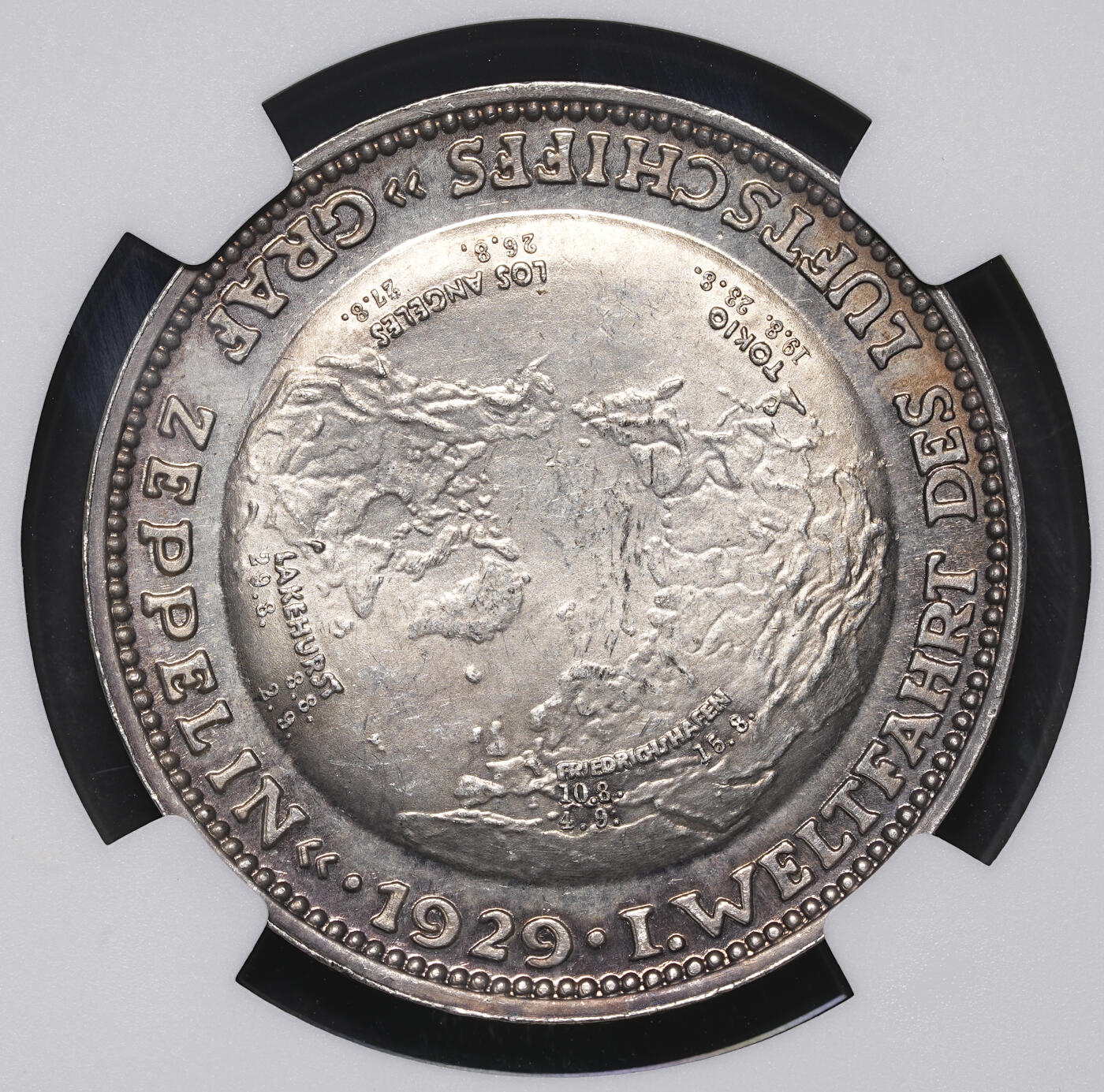 修遠堂世界钱币第三十九期 全场包邮 NGC MS64 1929年德国齐柏林飞艇世界巡游银章 五彩