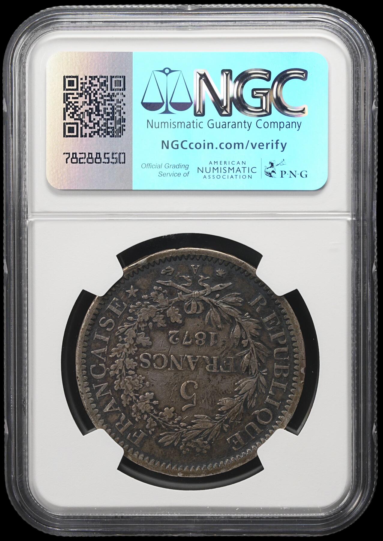 修遠堂世界钱币第三十九期 全场包邮 NGC XF45 1872年法国大力神5法郎大银币 A厂铭 五彩包浆 非常稀少的年份 仅铸造5.7万枚