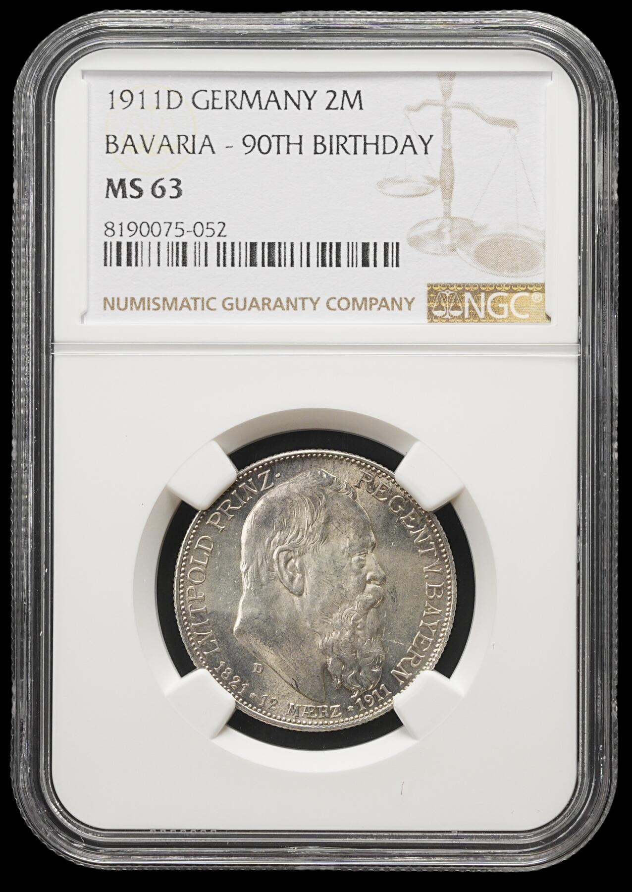 修遠堂世界钱币第三十九期 全场包邮 NGC MS63 1911年巴伐利亚摄政王90大寿纪念2马克银币