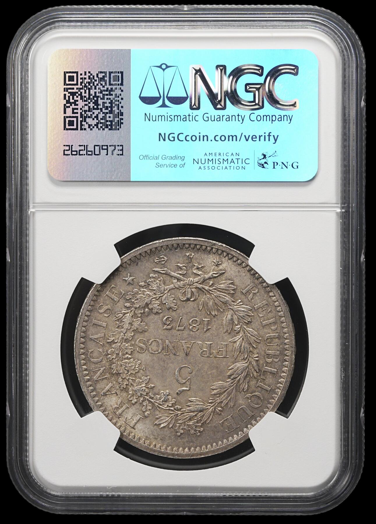 修遠堂世界钱币第三十九期 全场包邮 NGC MS63 1873年法国5法郎大银币 A厂铭 纸袋包浆