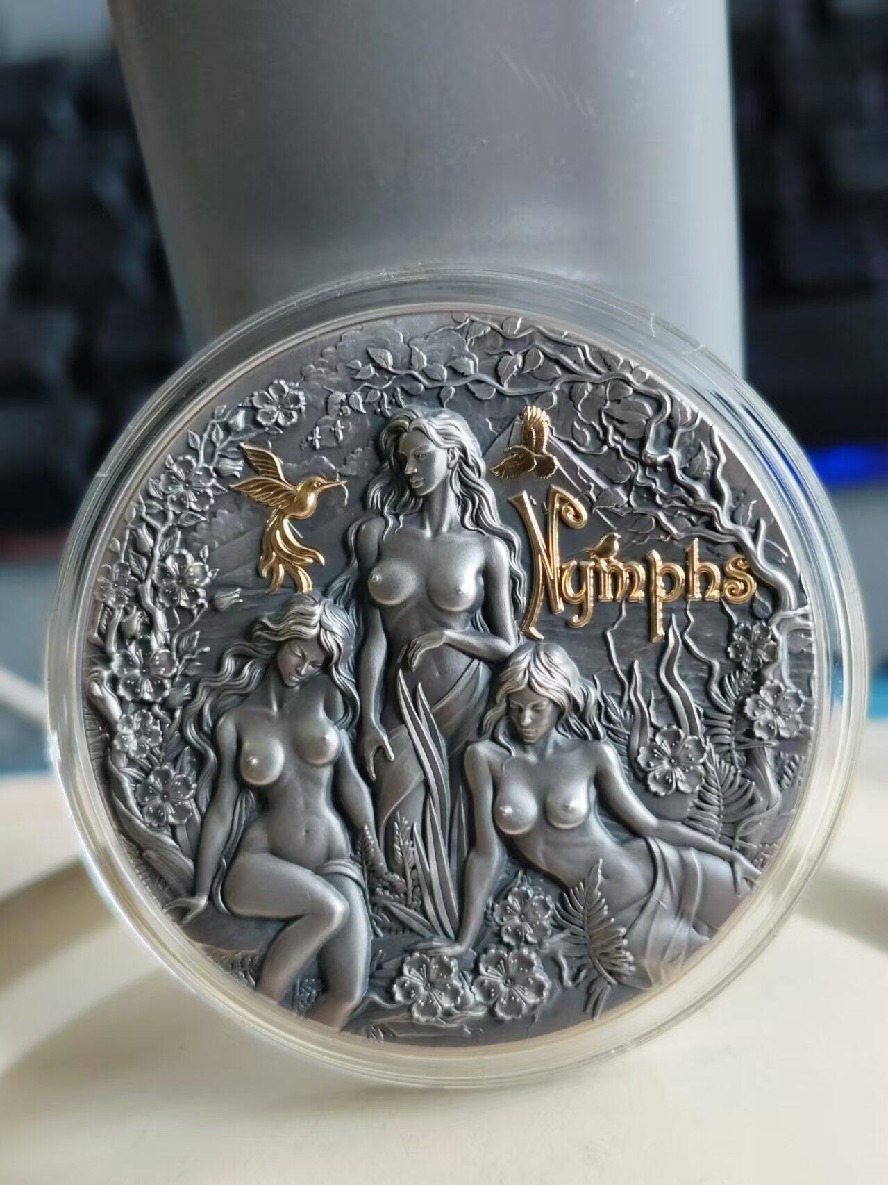 第187期拍卖 【海寧潮】喀麦隆2024年希腊神话女神宁芙2盎司仿古镀金纪念银币，999银，发行量500枚